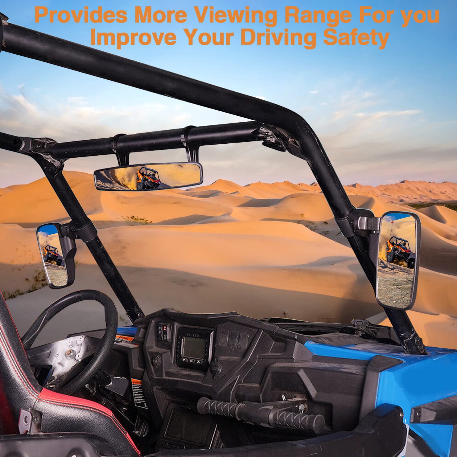 UTV Side Rear View Mirror With 1.75" to 2" Roll Bar Cage Compatible with Polaris RZR Honda Pioneer Yamaha Rhino Kawasaki Teryx, With Center View Mirror