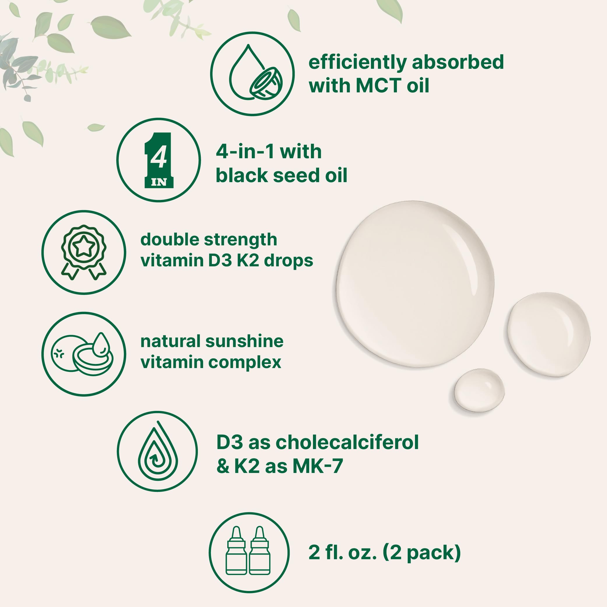 Micro Ingredients 2 Pack Vitamin D3 10000 iu + K2 (MK-7) 200 mcg Drops, 4 fl oz | Plus Black Seed & MCT Oil | 4-in-1 Bone, Immune, & Heart Health Support | Easy Absorption