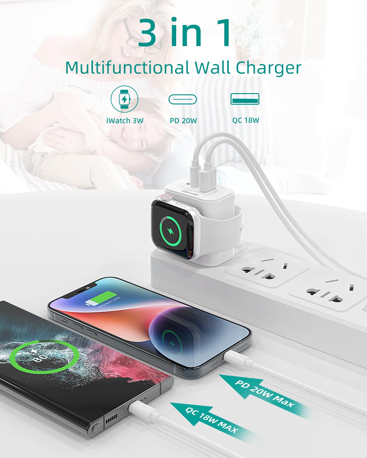 NAVITREE 3-in-1 Charger Block, Built-in Watch Charger, 20W Portable Dual Port Charging Brick USB C Wall Plug, Suitable for Apple Watch 9/8/7/6/5/4/3/2/1/SE/Ultra, iPhone 16/15/14/13/12 Series