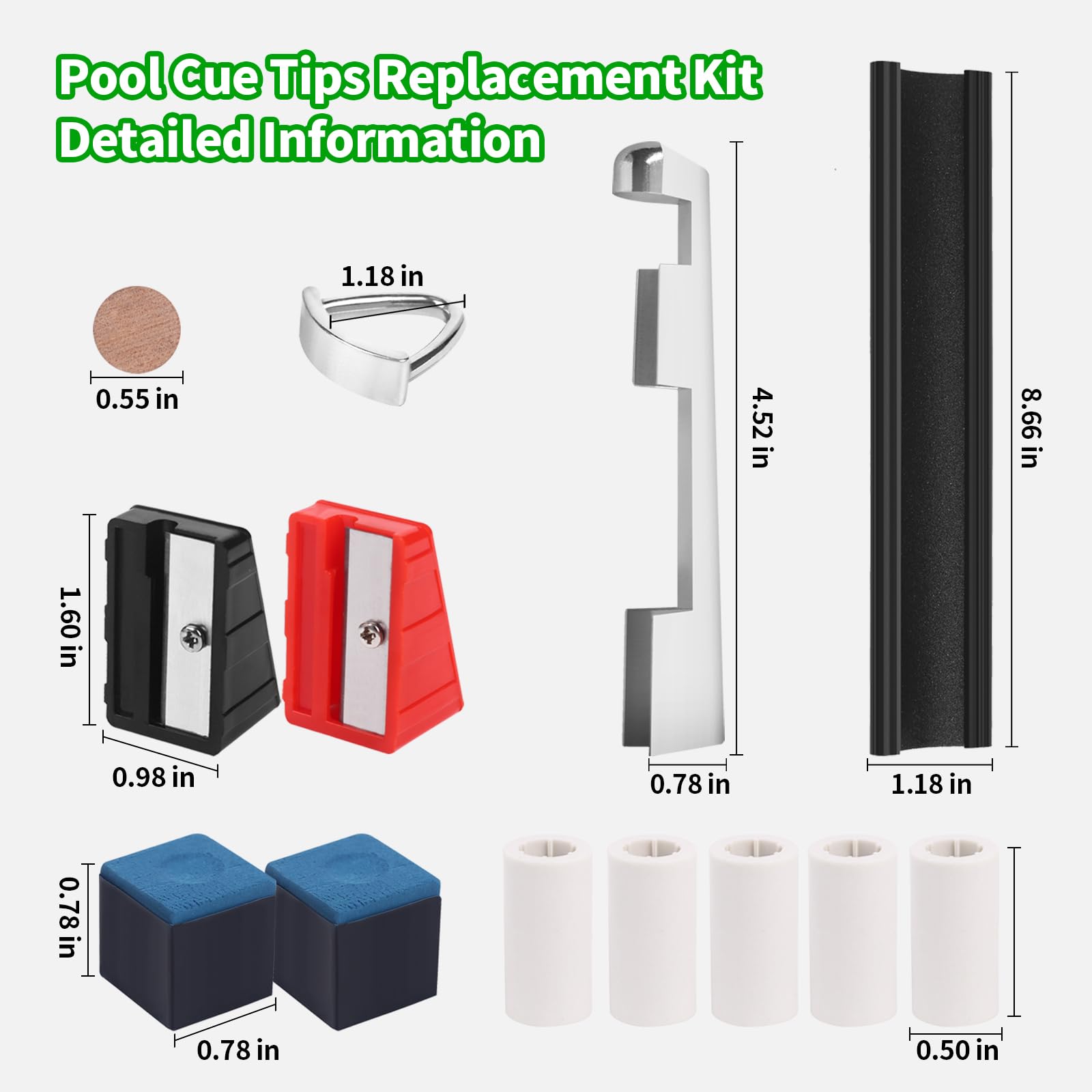 Vefungyan 38pcs Pool Cue Repair Kit: 2 Pool Cue Tip Clamp 20 Billiard Cue Tips 4 Shaper 5 Chalk Cubes 5 Pool Cue Repairers 2 Planers