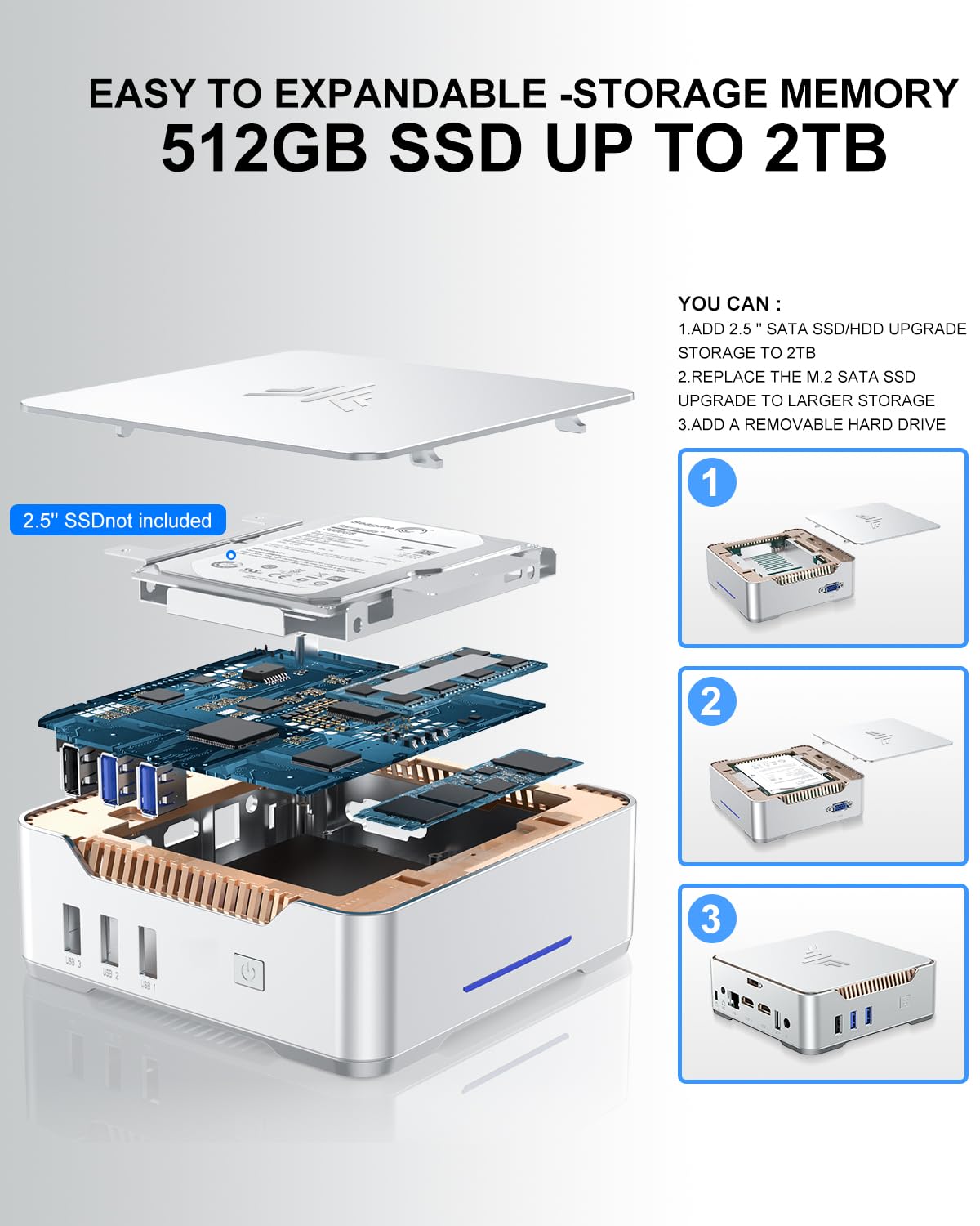 KAMRUI GK3Plus Mini PC, 16GB RAM 512GB M.2 SSD,12th Gen Alder Lake N95 (up to 3.4GHz) Micro PC, 2.5''SSD, Gigabit Ethernet, 4K UHD, WiFi, BT, VESA/Home/Business Mini Desktop Computer