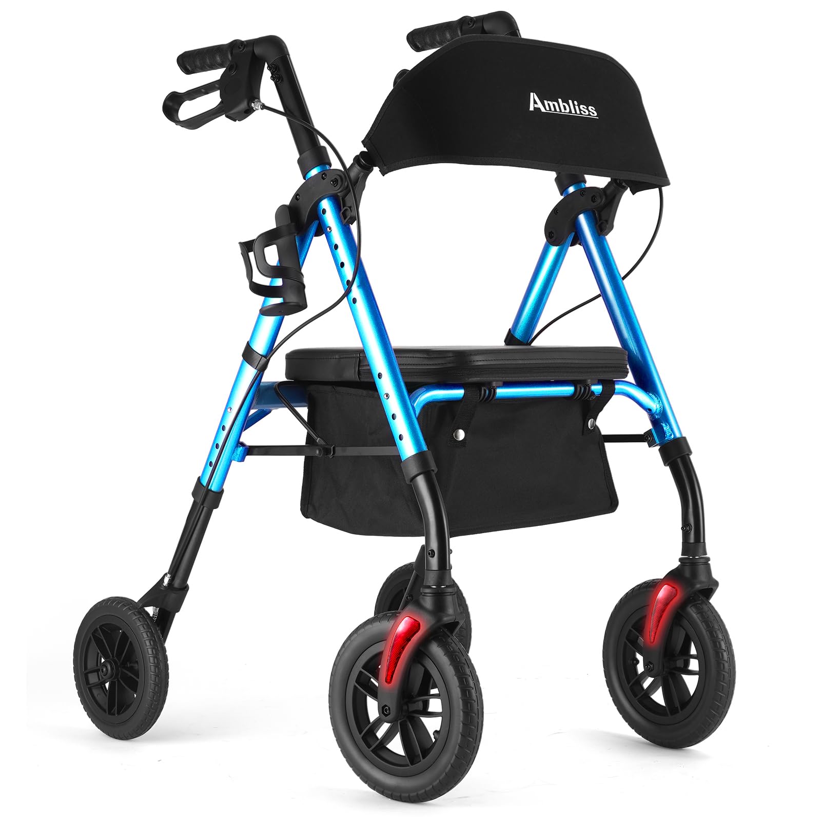 Ambliss 10" Front Wheeled Walkers for Seniors,Rollator Walker with Seat and Extra Wide Backrest, Lightweight Collapsible Rolling Walker, Adjustable Height Rollator Walker with Cup & Cane Holder (Blue)