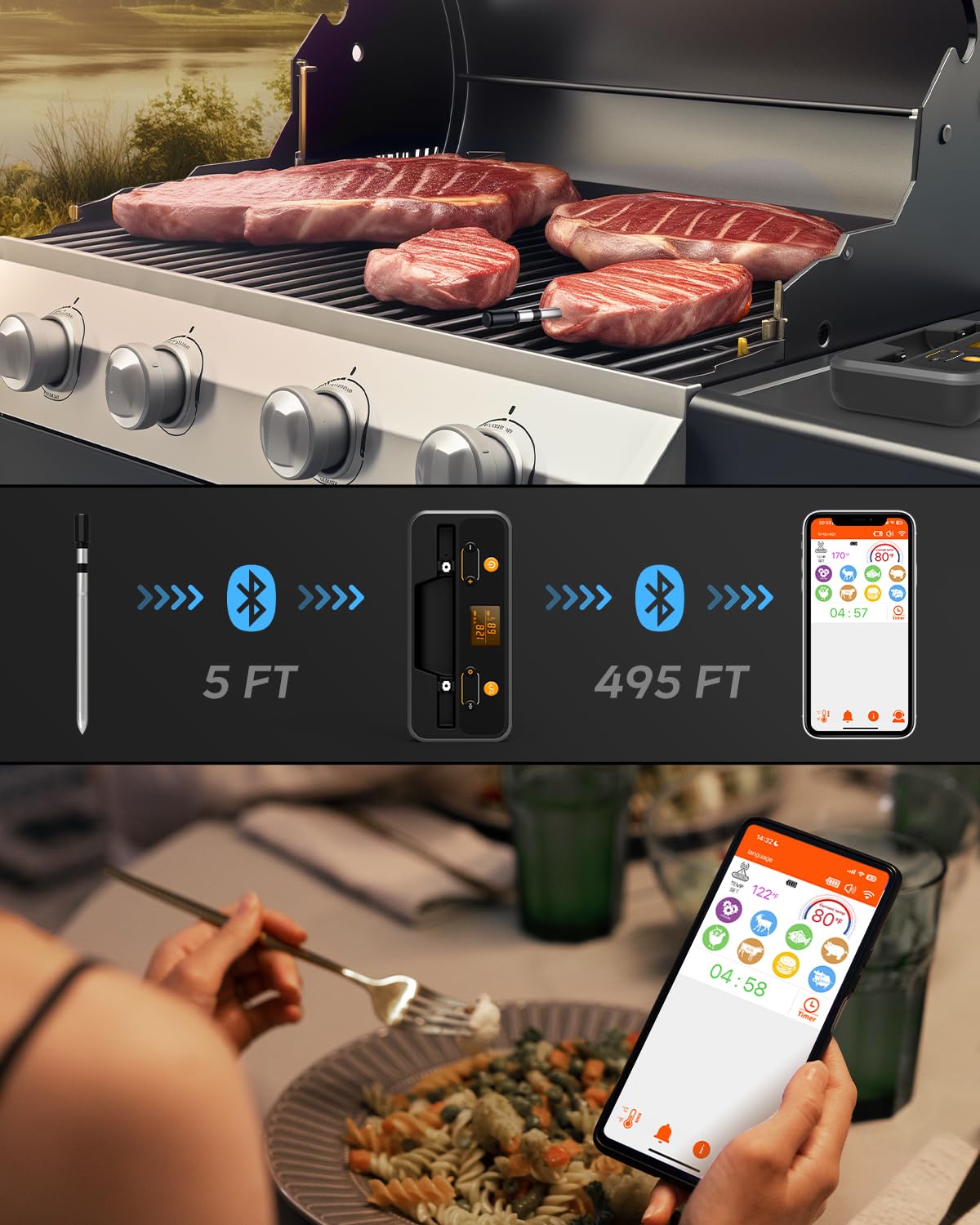 Meat Thermometer Digital Wireless - Wireless Meat Thermometer for Grilling and Smoking - Smart Bluetooth Meat Thermometer for Grill, Oven, Smoker