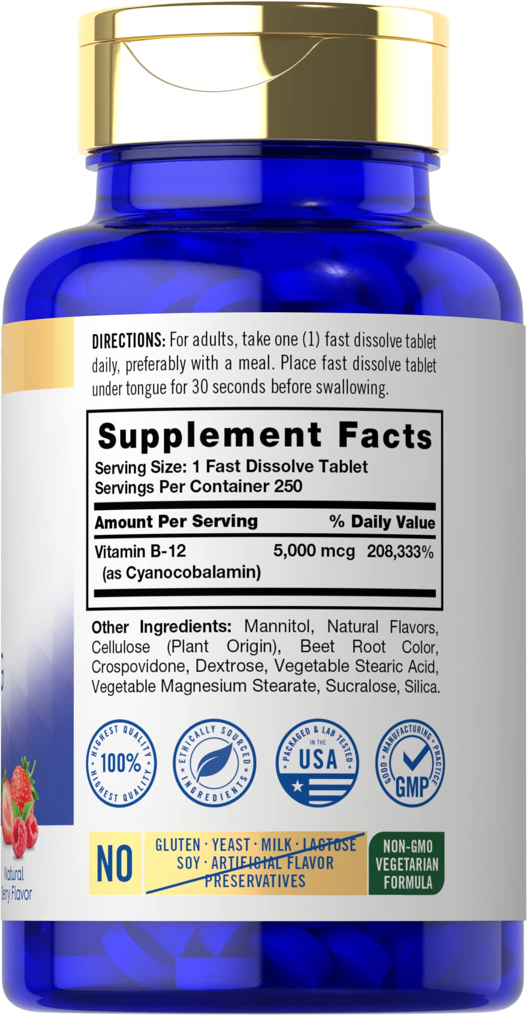 Carlyle Vitamin B12 5000mcg | 250 Fast Dissolve Tablets | Natural Berry Flavor | Vegetarian, Non-GMO, Gluten Free