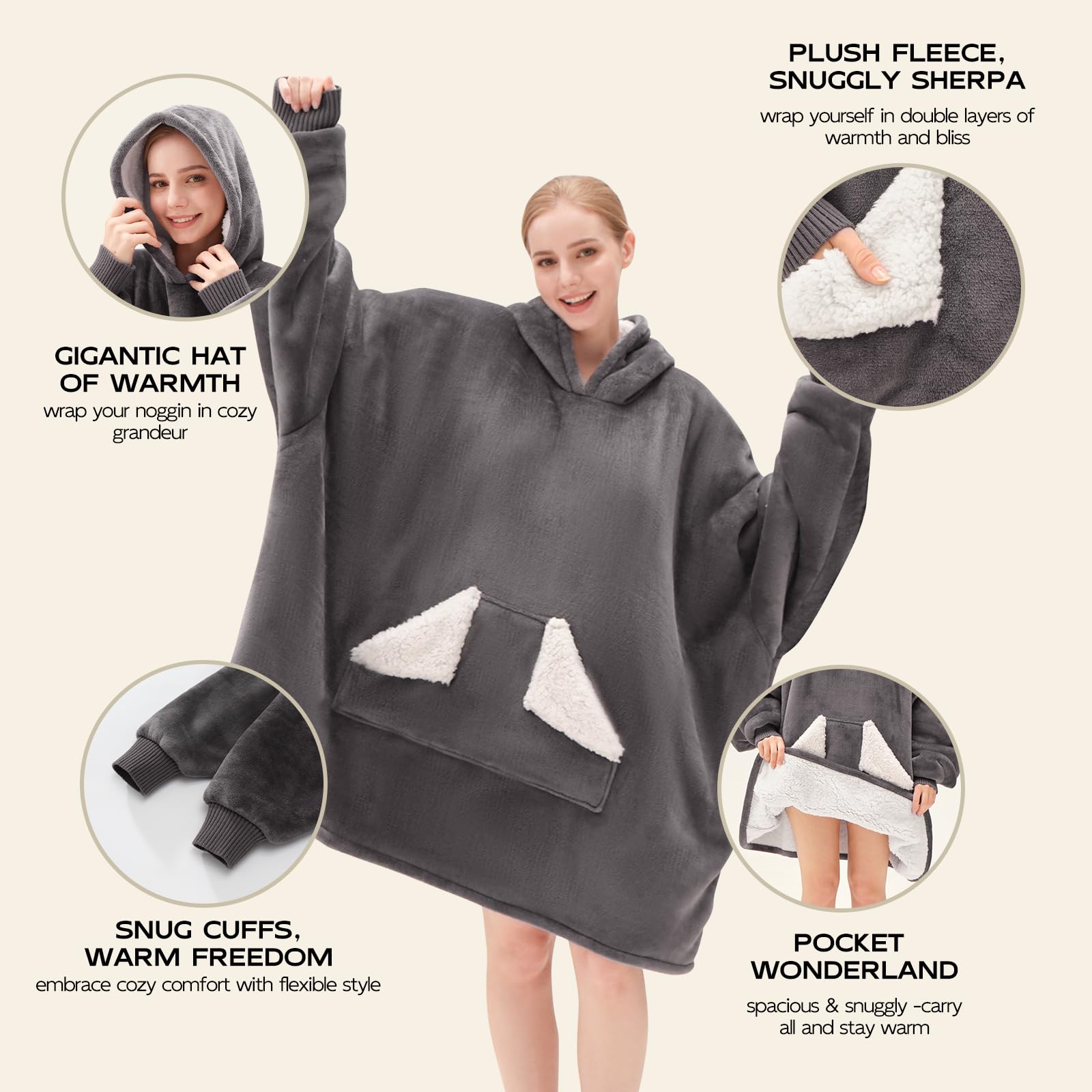 Touchat Wearable Blanket Hoodie, Oversized Sherpa Fleece Sweatshirt Blanket with Giant Hood Pocket and Sleeves for Adult, Warm & Cozy Grey Blanket Gifts for Women