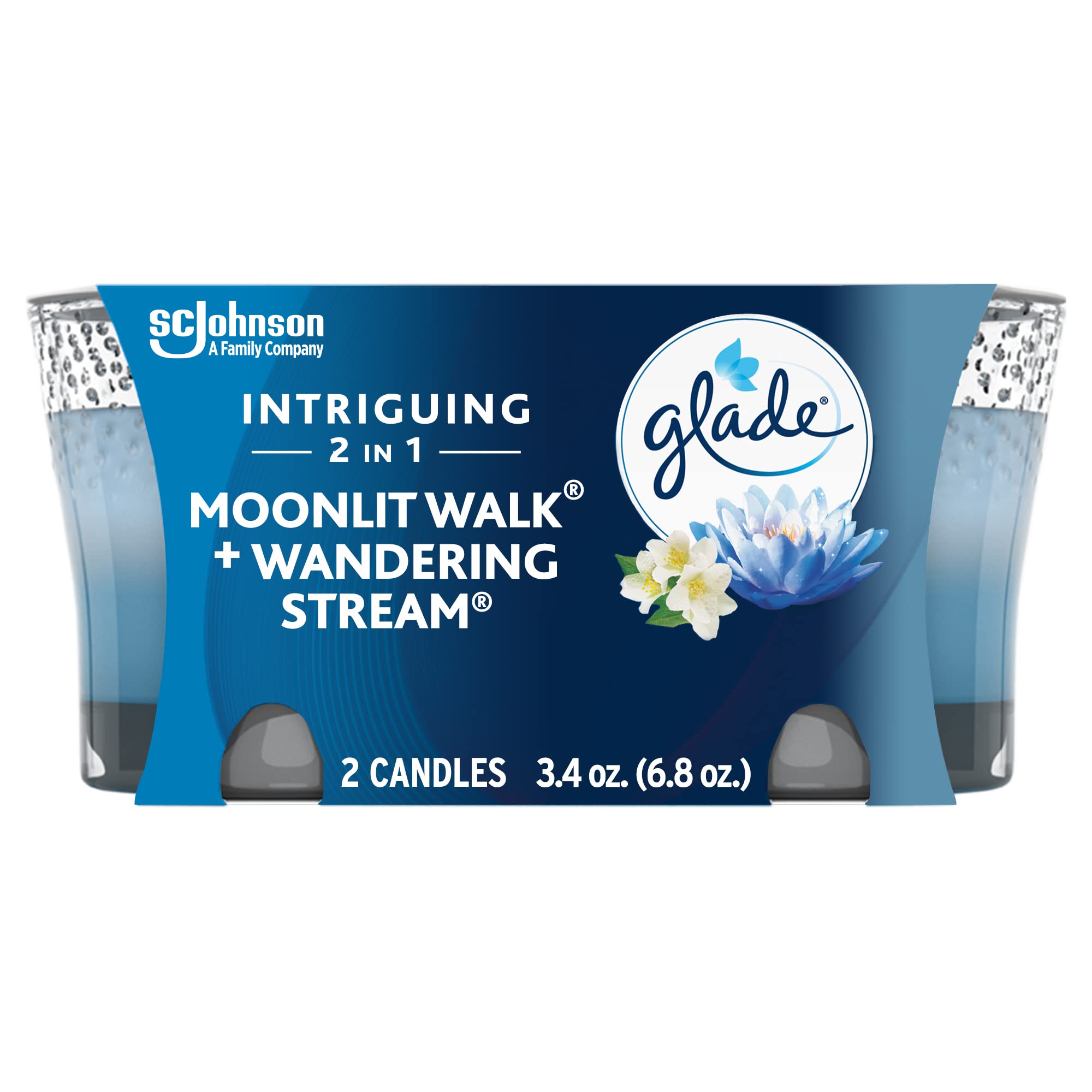 Glade Candle Jar, Air Freshener, 2in1, Moonlit Walk & Wandering Stream, 3.4 Oz, 2 Count