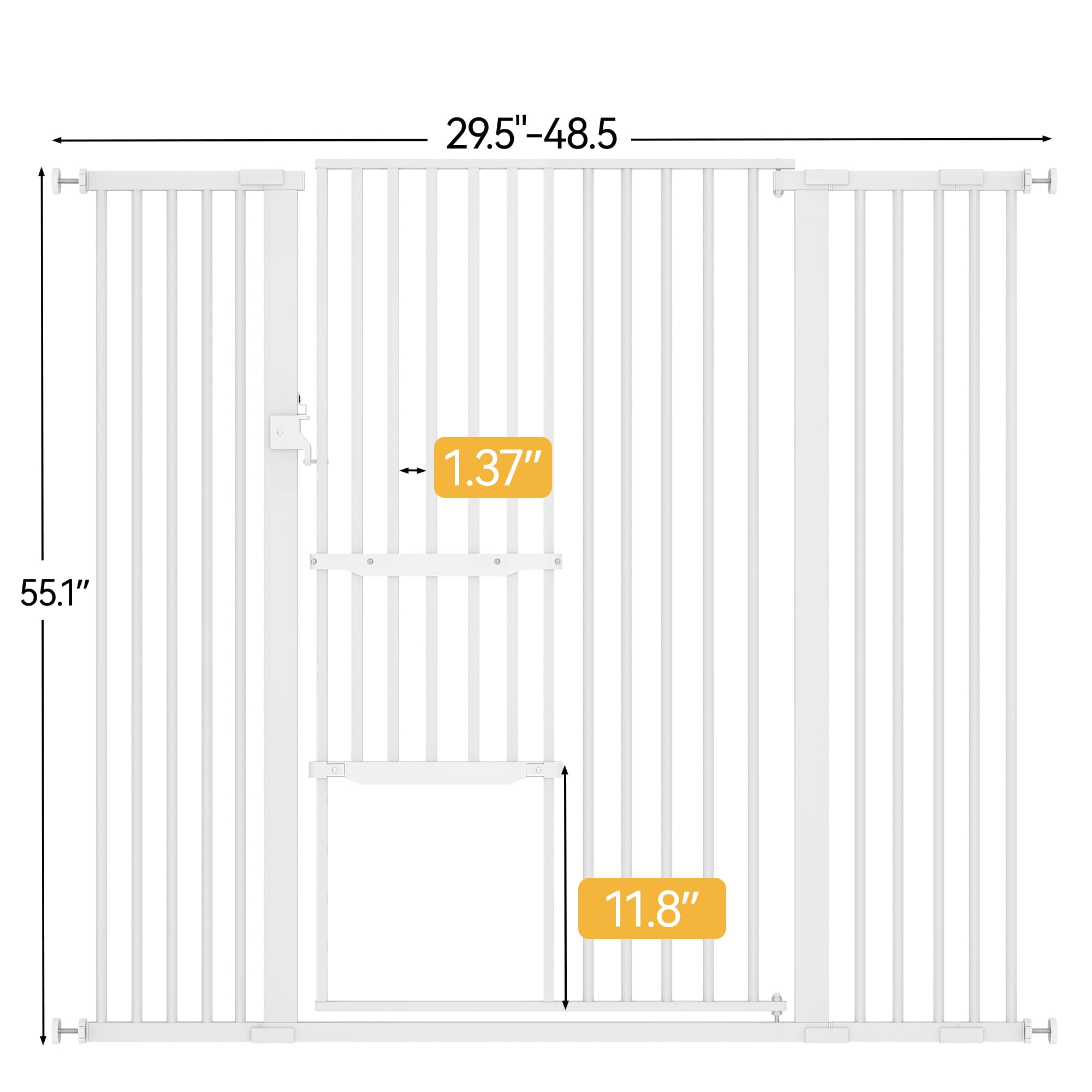 YITAHOME Extra Tall 55" High Metal Dog Gate with Cat Door, 29.5"- 48" Wide Auto Close Pet Gate Indoor for Stairs, Doorways, House, No Drilling Pressure Mount, Sturdy, White