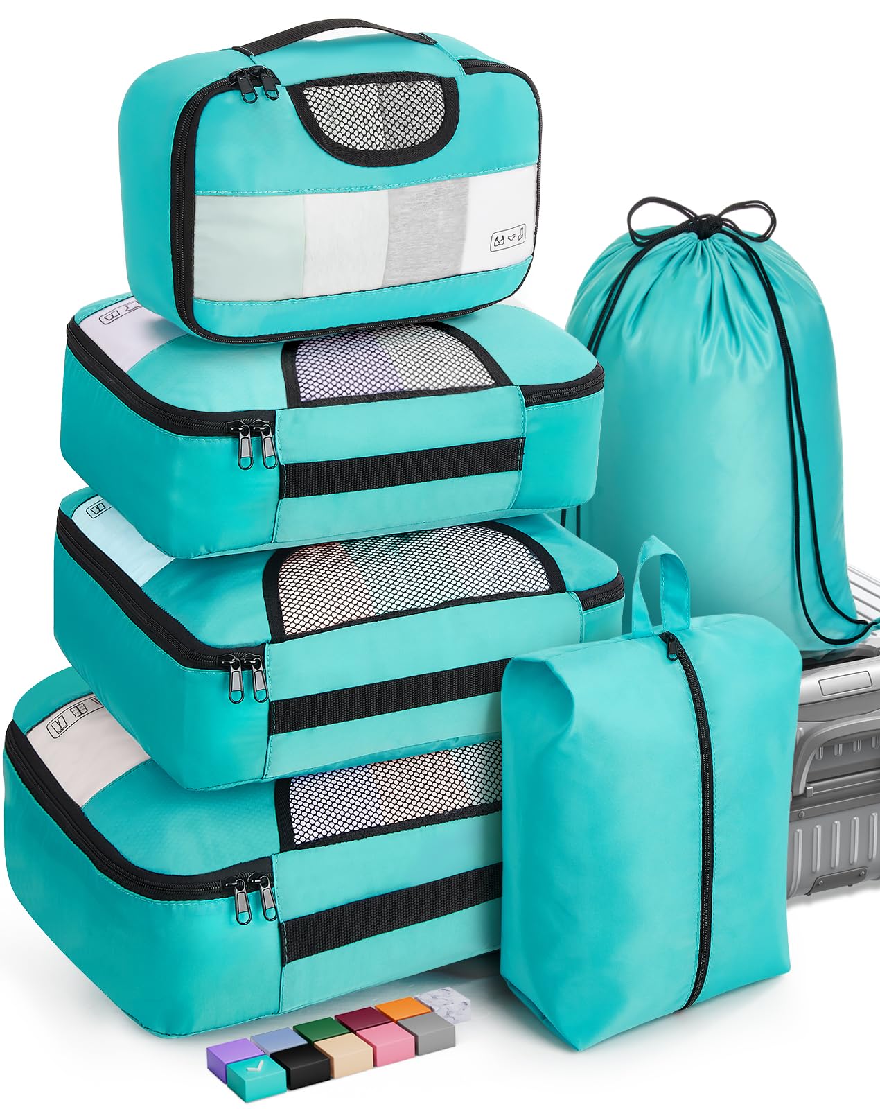 Veken 6 Set Packing Cubes for Suitcases, Travel Essentials for Carry on Luggage, Suitcase Organizer Bags Set for Travel Accessories in 4 Sizes(Extra Large, Large, Medium, Small)，Cyan