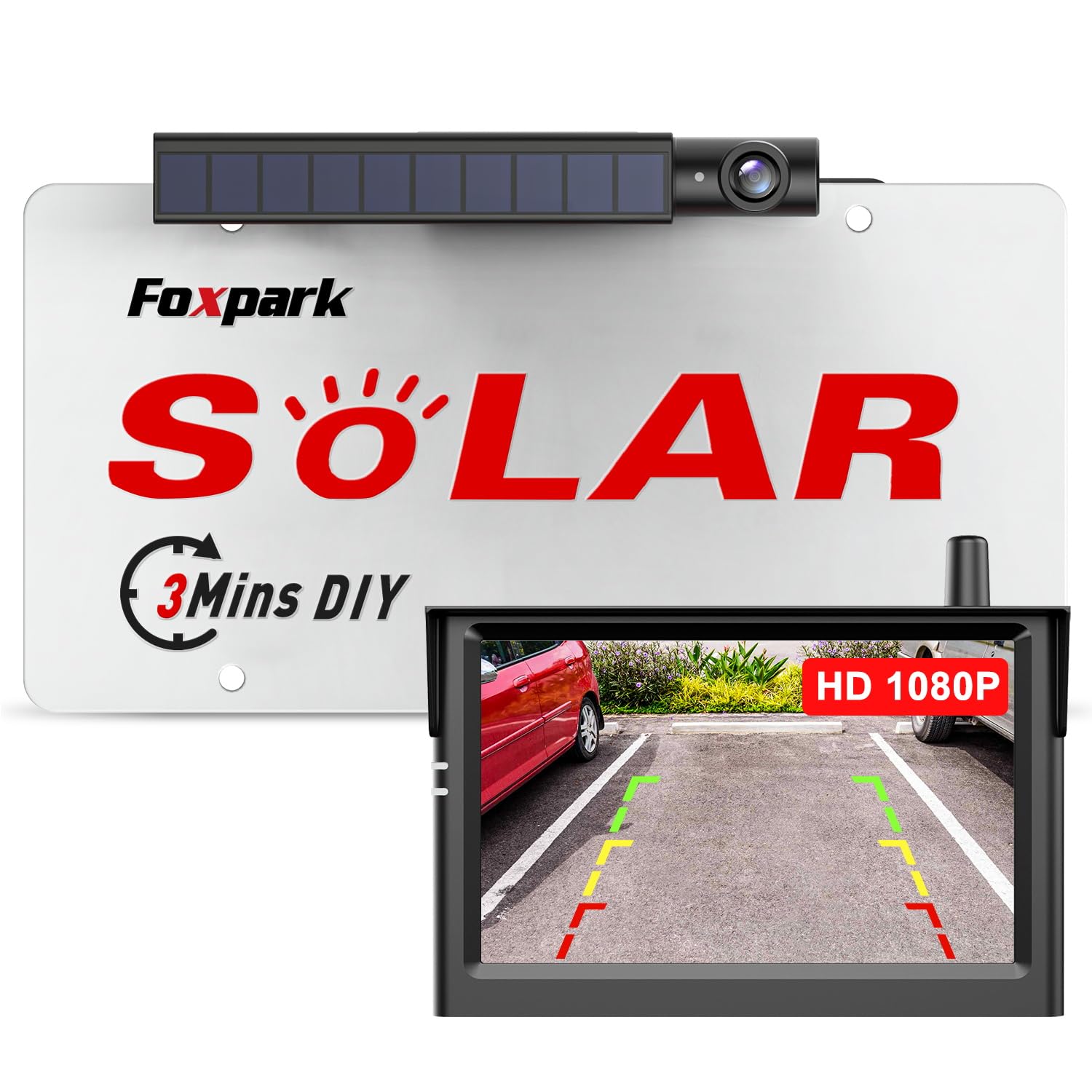 Foxpark Solar Wireless Backup Camera, 3Mins DIY Installation, 1080P Battery Powered Car Back Up Camera System, Support 2 Channels Hitch Reverse Camera for SUV/Van/Truck/Trailer