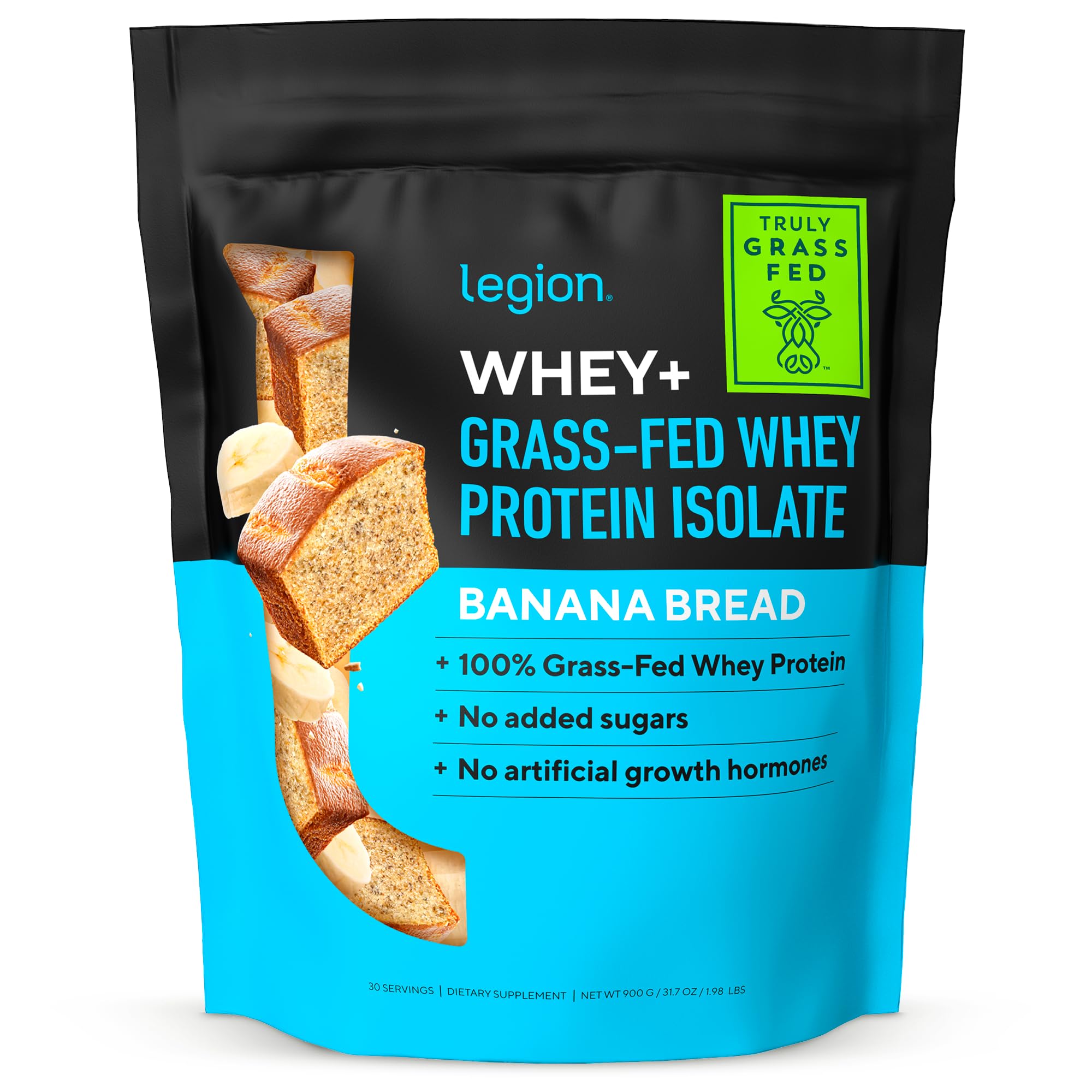 LEGION Whey+ Whey Isolate Protein Powder from Grass Fed Cows - Low Carb, Low Calorie, Non-GMO, Lactose Free, Gluten Free, Sugar Free, All Natural Whey Protein Isolate, 30 Servings (Banana Bread)