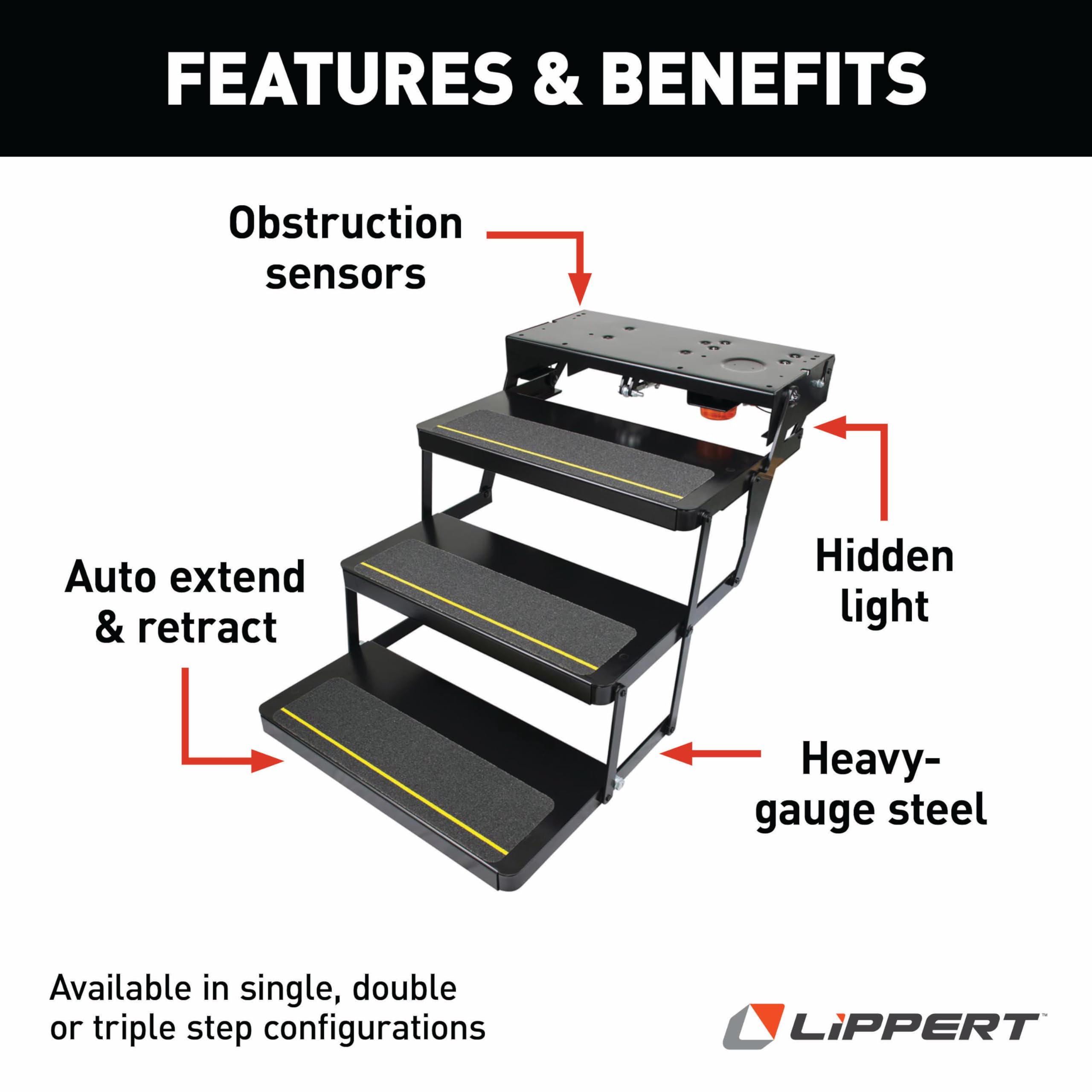 Kwikee 25 Series Triple 12V Electric RV Step Assembly, 8" Rise, 300 lbs. Heavy-Gauge Steel, Logic Control Unit, Power Switch Kit, Anti-Slip Steps, Travel Trailers, 5th Wheels, Campers - 3658373