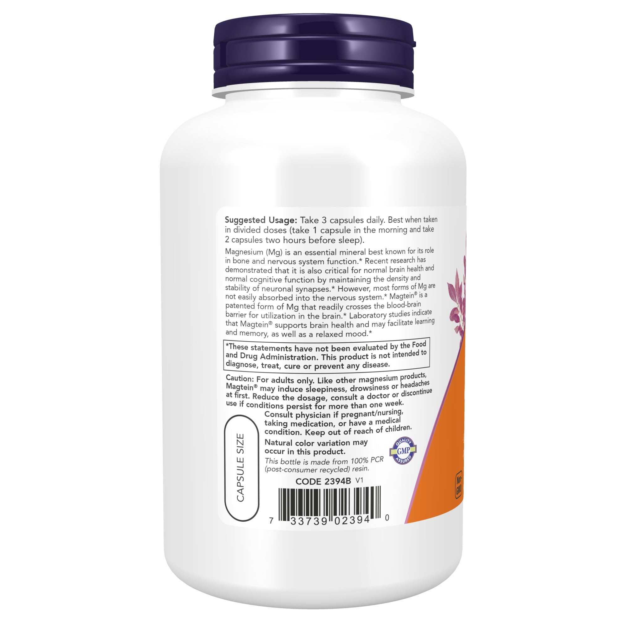 NOW Foods Supplements Magtein, Magnesium L-Threonate, Cognitive Support*, 180 Veg Capsules