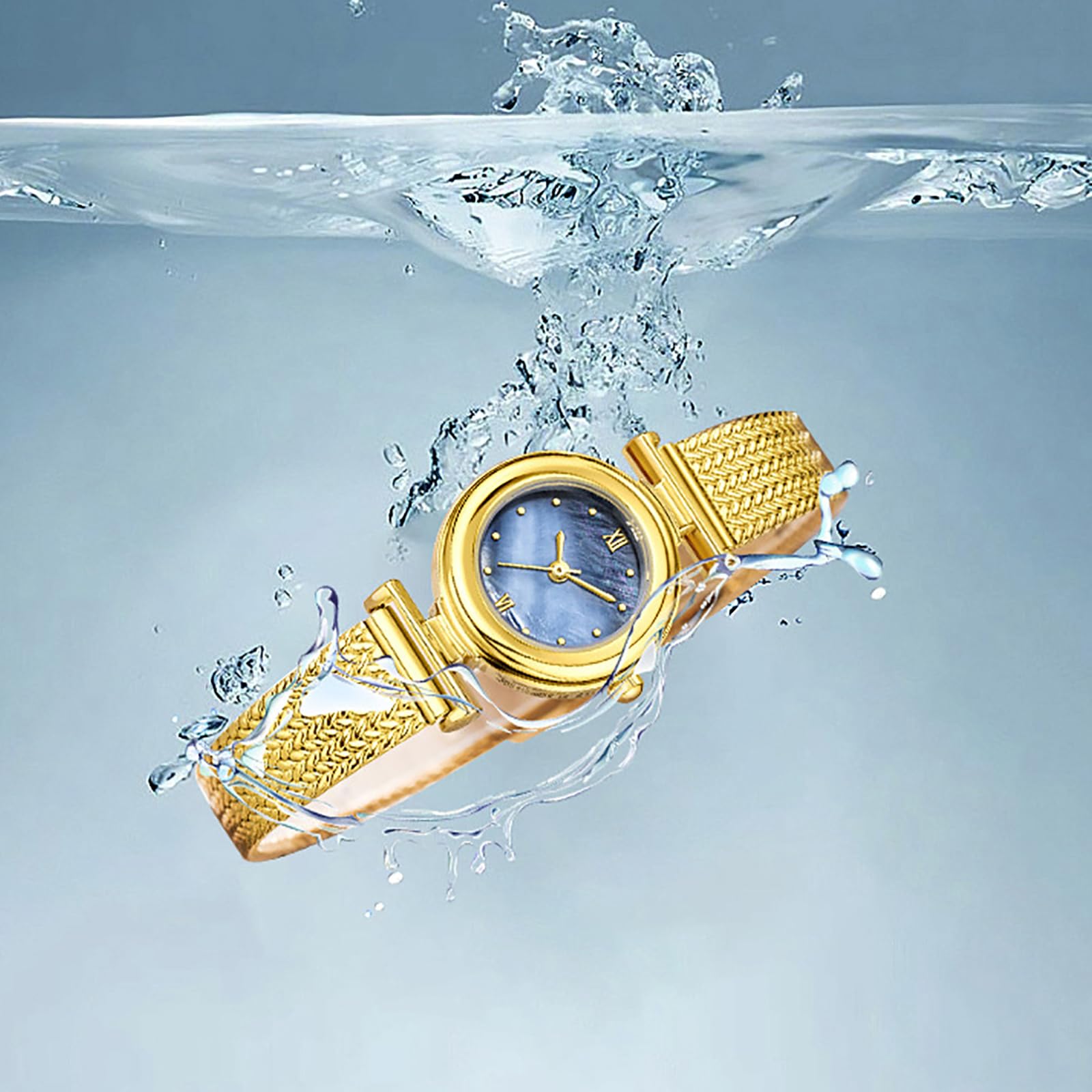 BESTKANG Elegant Women's Watch with Stainless Steel Mesh Band - Stylish Minimalist Design, Water-Resistant, Perfect for Casual & Formal Occasions (Gold Blue)