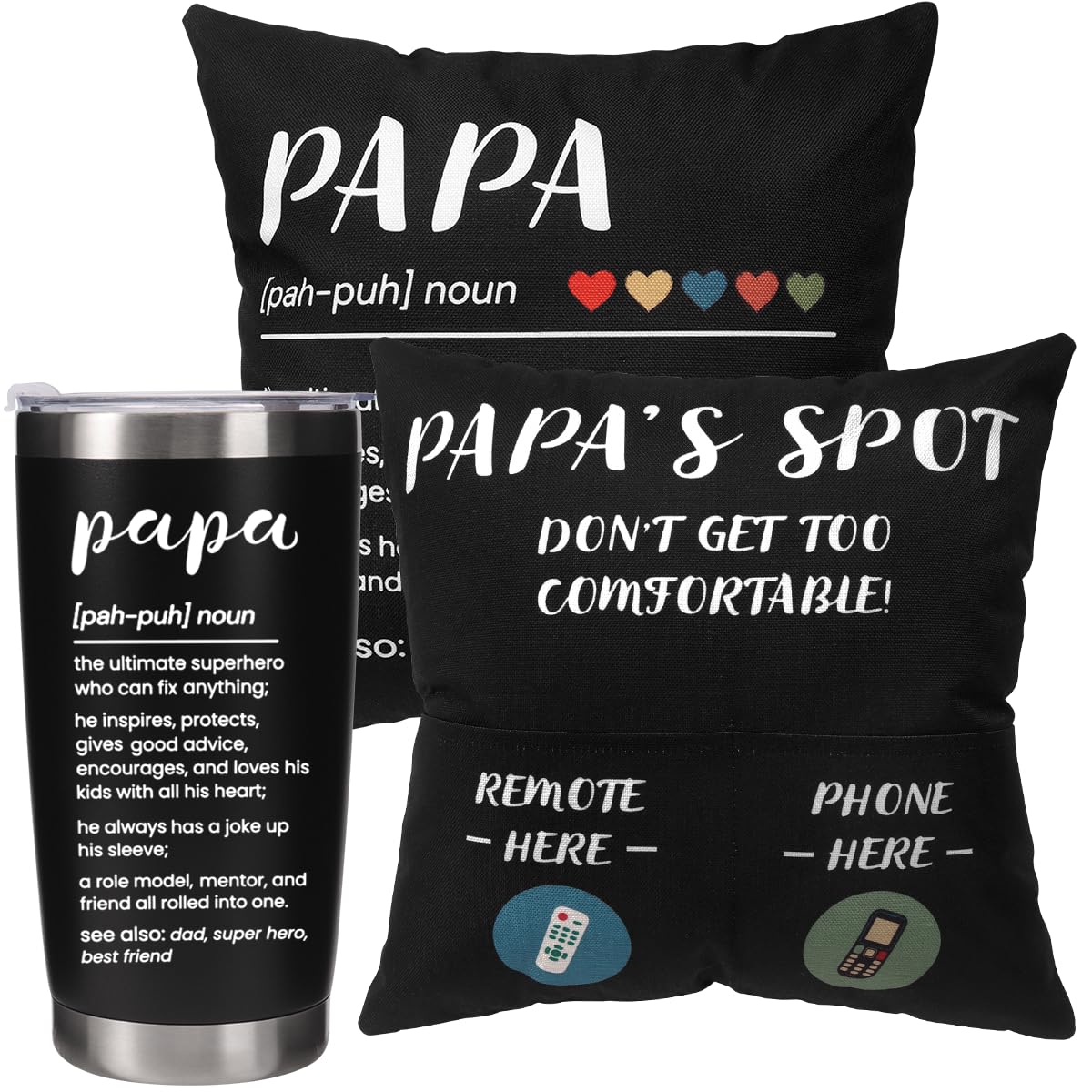 Papa Gifts for Christmas Grandpa Birthday Gifts from Grandson Granddaughter Grandkids Thank You Gifts for Grandfather Granddad Grandpa New PAPA Definition Tumbler + Pillow Cover (Papa's Spot)