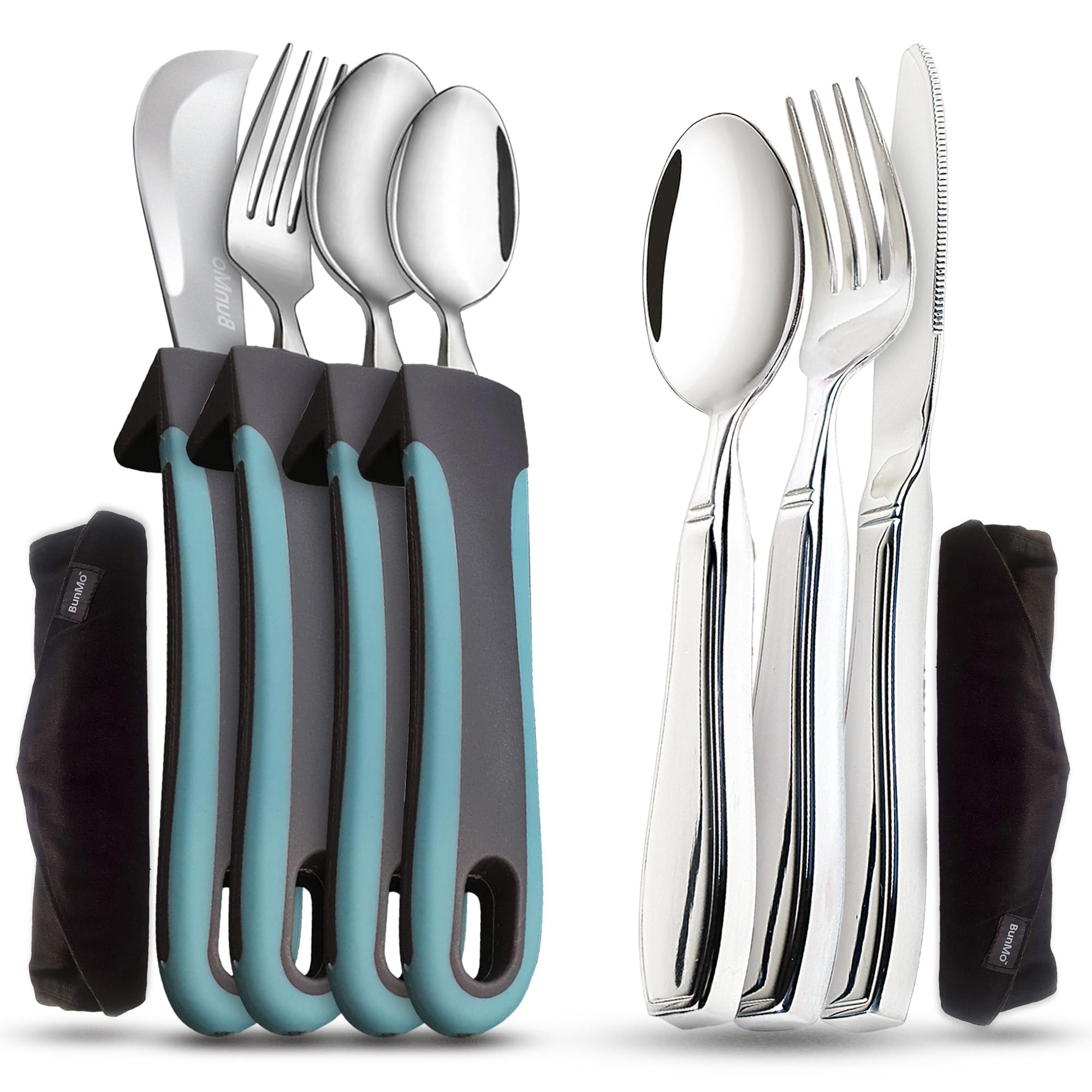 BunMo Adaptive Weighted Utensils Bundle - Utensils for Elderly, Arthritis, Weak Hand Grip & Handicapped - Stainless Steel - Weighted Utensils for Tremors and Parkinsons Patients