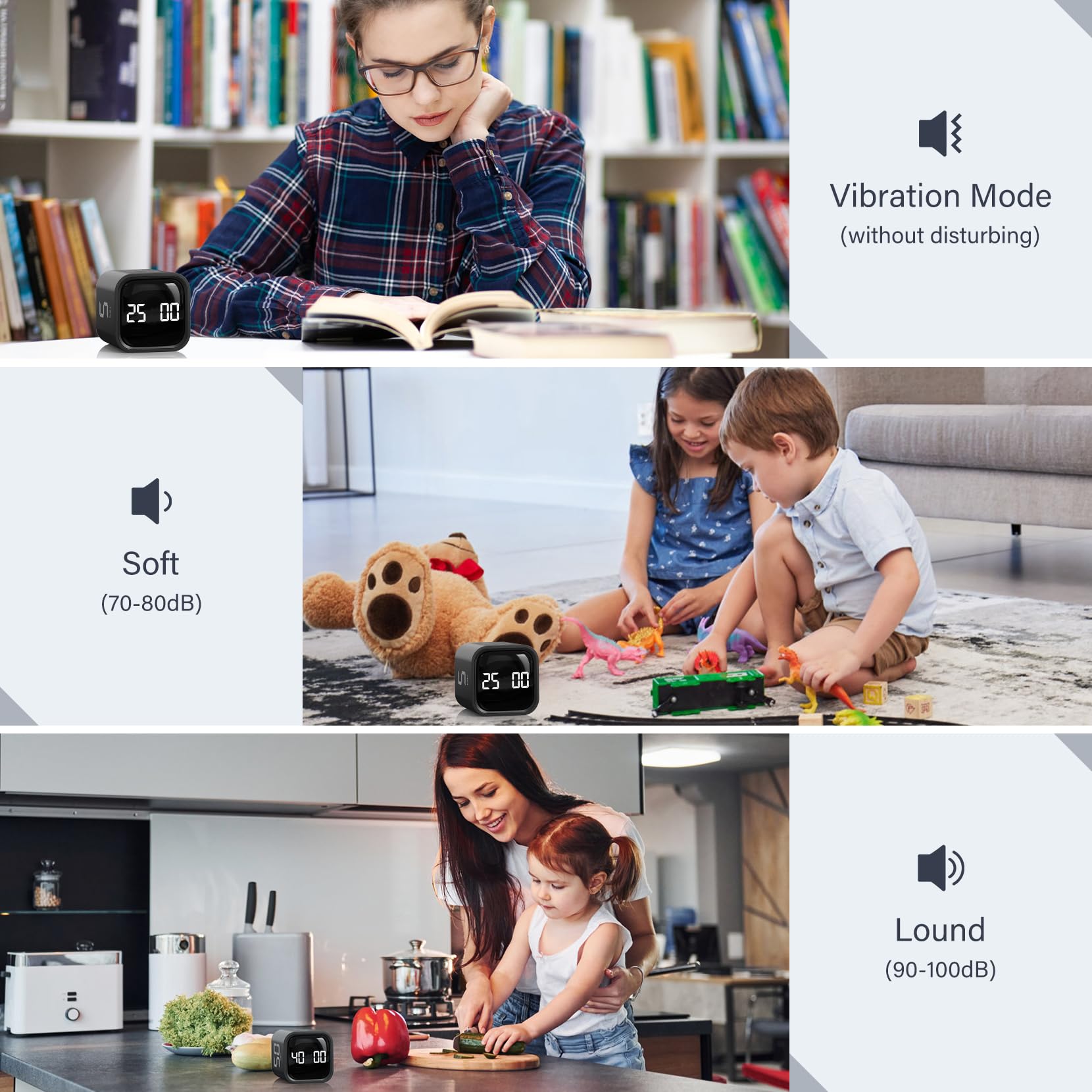 Rotating Pomodoro Timer 5, 25, 10 50 Minutes Preset, Desk Productivity Timer w/Gravity Sensor, Cube Timer for ADHD, Vibration/High/Low Volume/Custom Modes, for Work, Study, Back to School, Kitchen