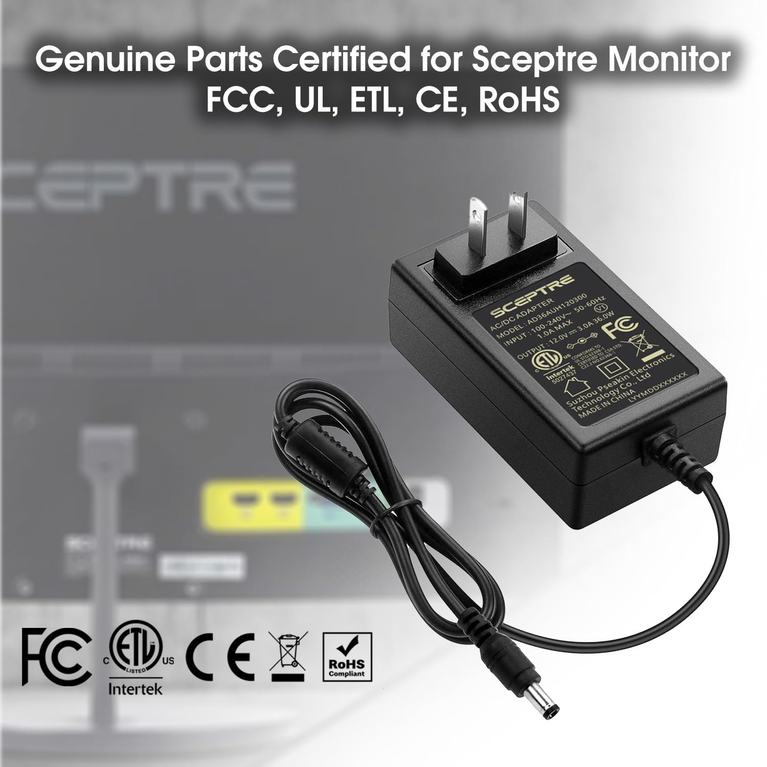 Kado Power Adapter 12V-3A AC Power Cord Genuine Parts Made for Sceptre Monitor C248B-FWT168 C248W-1920RN E205W-16003R E225W-19203R E248W-19203R E248B-FPT168 E275B-FPT165 E275W-FPT E275W-19203R Series