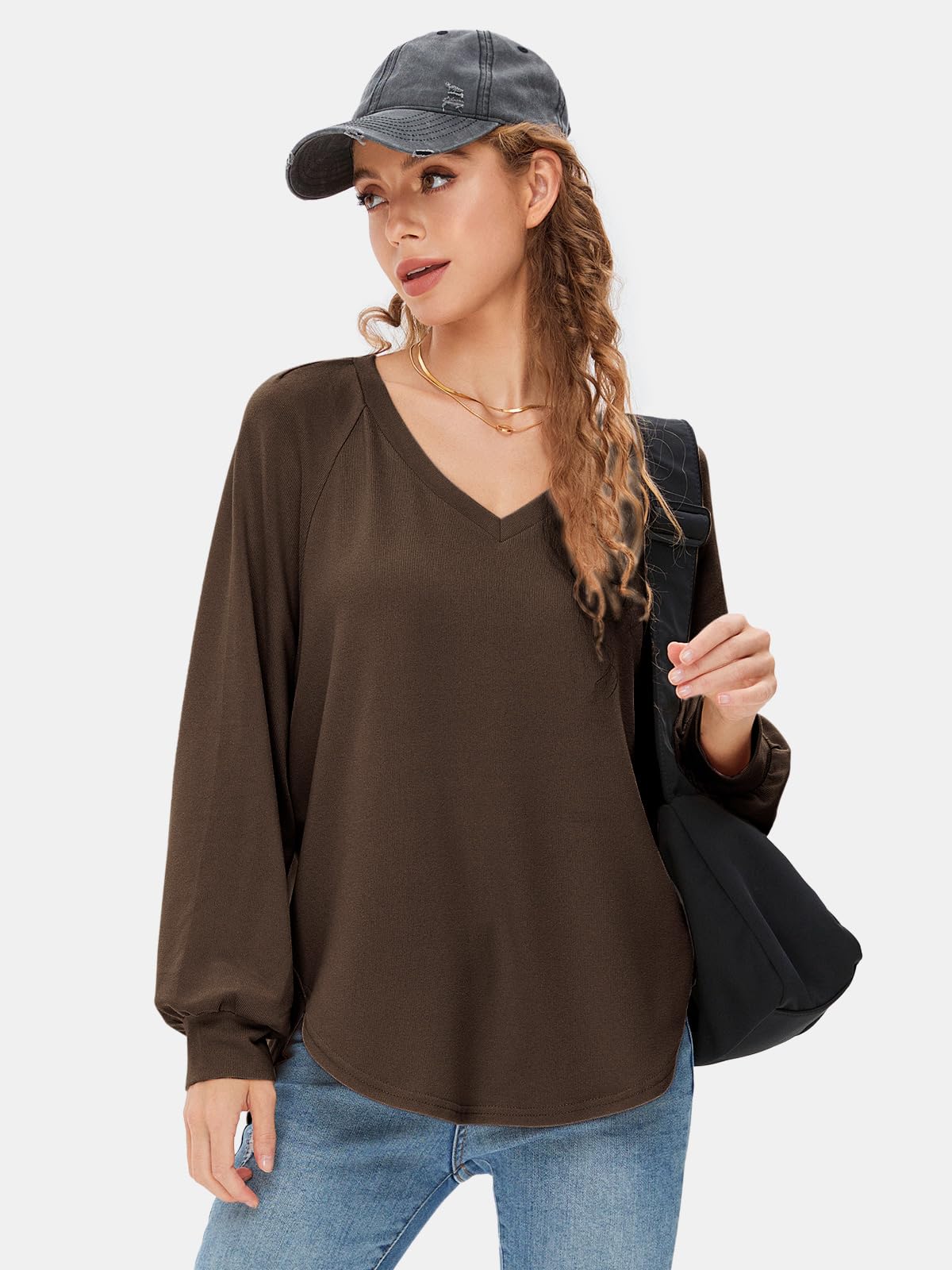 EXLURA Womens 2024 Fall Fashion Long Sleeve V Neck Shirts Casual Pullover Sweater Tops Loose Trendy Tunic Blouses Dark Brown