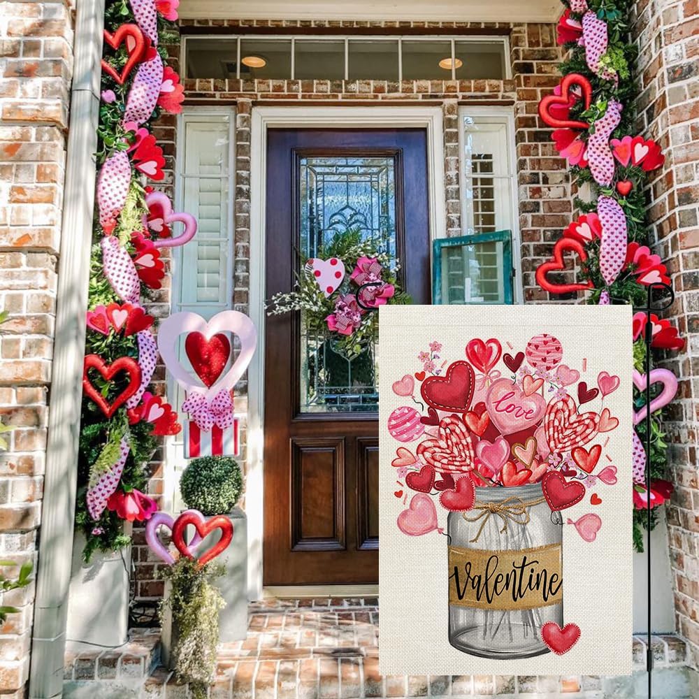 CROWNED BEAUTY Valentines Day Mason Jar Garden Flag 12x18 Inch Double Sided for Outside Small Burlap Heart Holiday Yard Flag