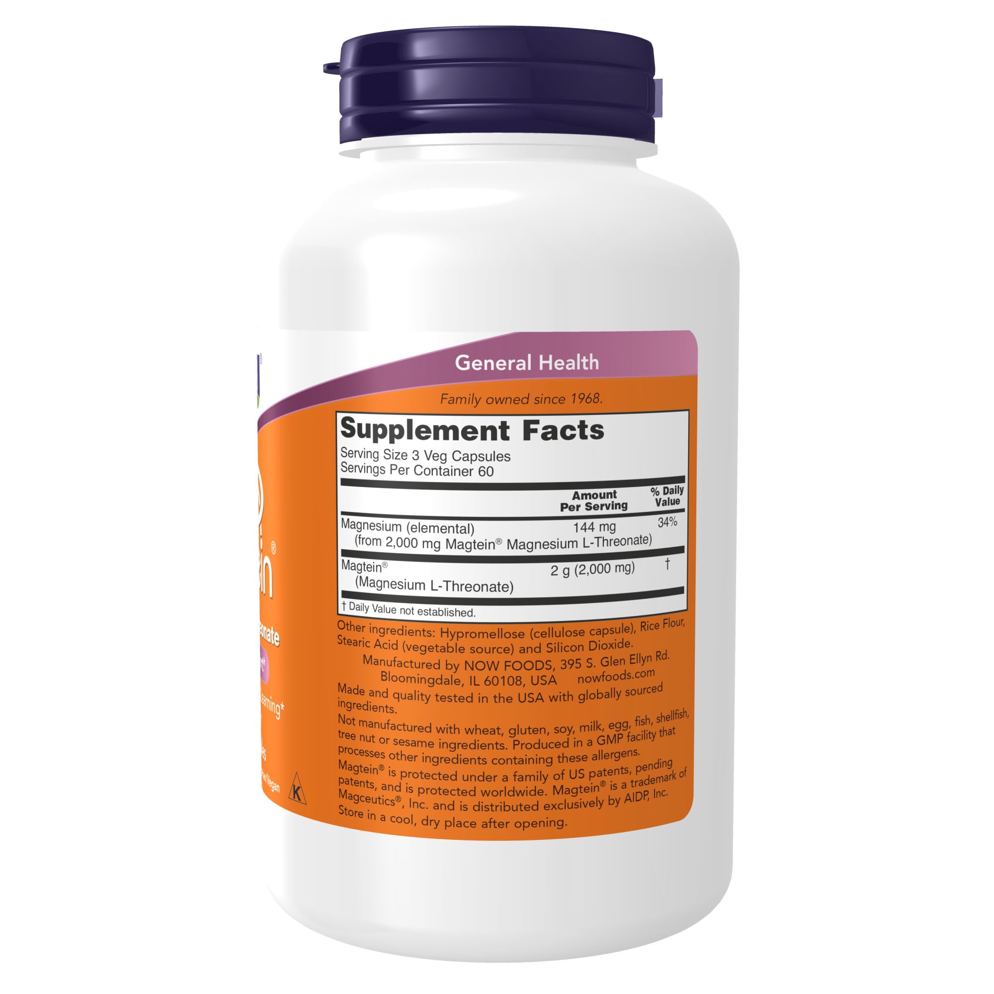 NOW Foods Supplements Magtein, Magnesium L-Threonate, Cognitive Support*, 180 Veg Capsules