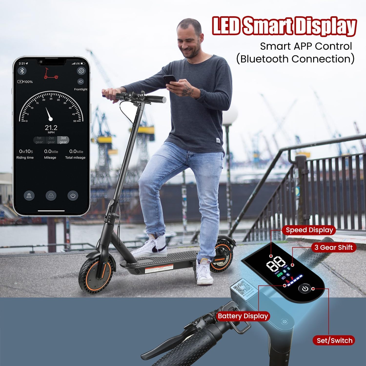 Electric Scooter Adults, Peak 500W, Max 19 Mph Speed, 19 Miles Long Range, 8.5 Inch Solid Tires, Portable Folding E-Scooter for Commuting with Dual Brakes, APP Control & Front & Rear Lights