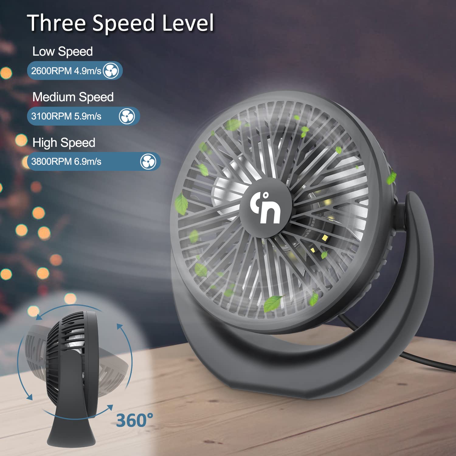 GagetElec USB Desk Fan with LED Night Lights,360°Rotation Desktop Fan,3 Speeds Quiet Mini USB Cooling Fan Personal Table Fan for Home Office Desktop Office Table 5.3 Inch (T5-08)