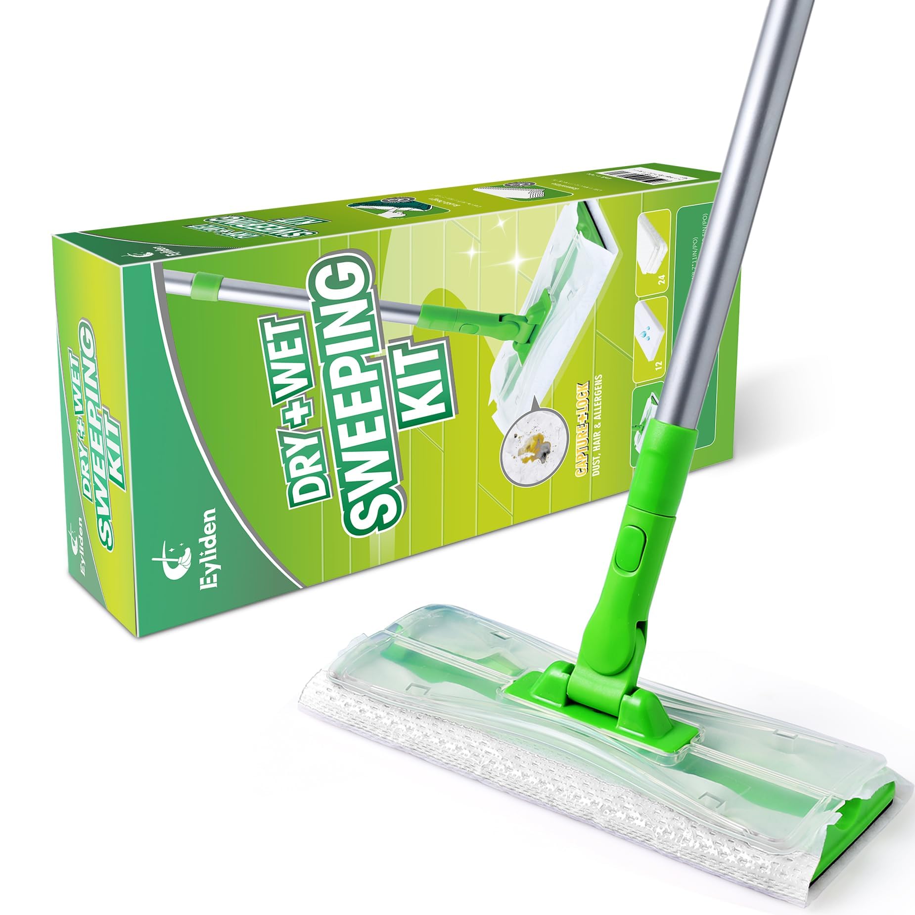 Eyliden Sweeper Mop, Wet & Dry Mops for Floor Multi Surface Cleaning, Disposable Dust Mop Starter Kit with 36 Refills - 12 Wet Mop Cloths, 12 Heavy-Duty Pet Hair Mop Pads, 12 Dry Sweeping Cloths