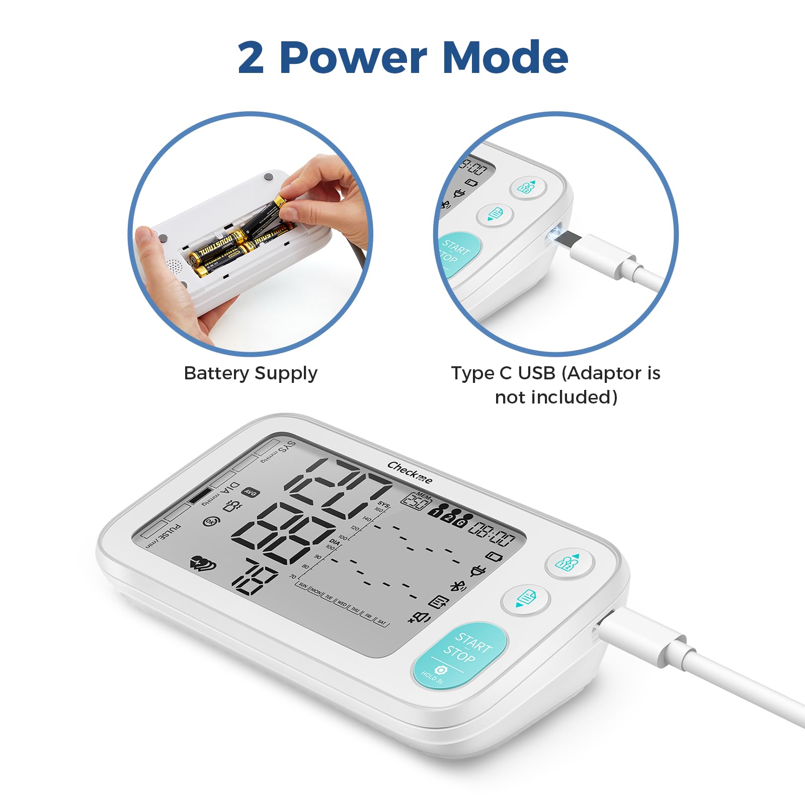 Checkme Blood Pressure Monitors for Home Use, Automatic Digital BP Machine with Bluetooth, Dual Display with 7 Days Trends, XL Size Cuff 8.7-17.7˝, 2 * 250 Storage, Dual Power Supply, Voice Broadcast