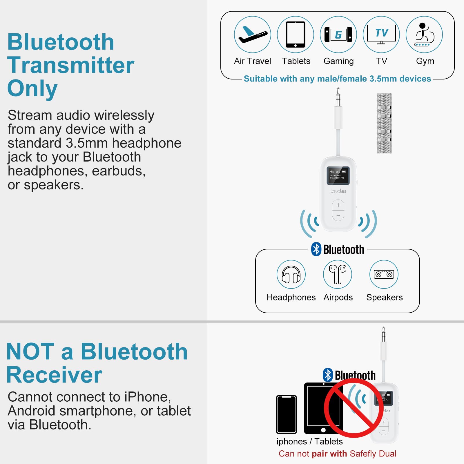 SafeFly Dual Premium Bluetooth 5.3 Transmitter Bluetooth Adapter w/Screen for AirPods or Wireless Headphones - Use with Any 3.5 mm Audio Jack for Airplanes, TV, MP3 Player, PC, Switch