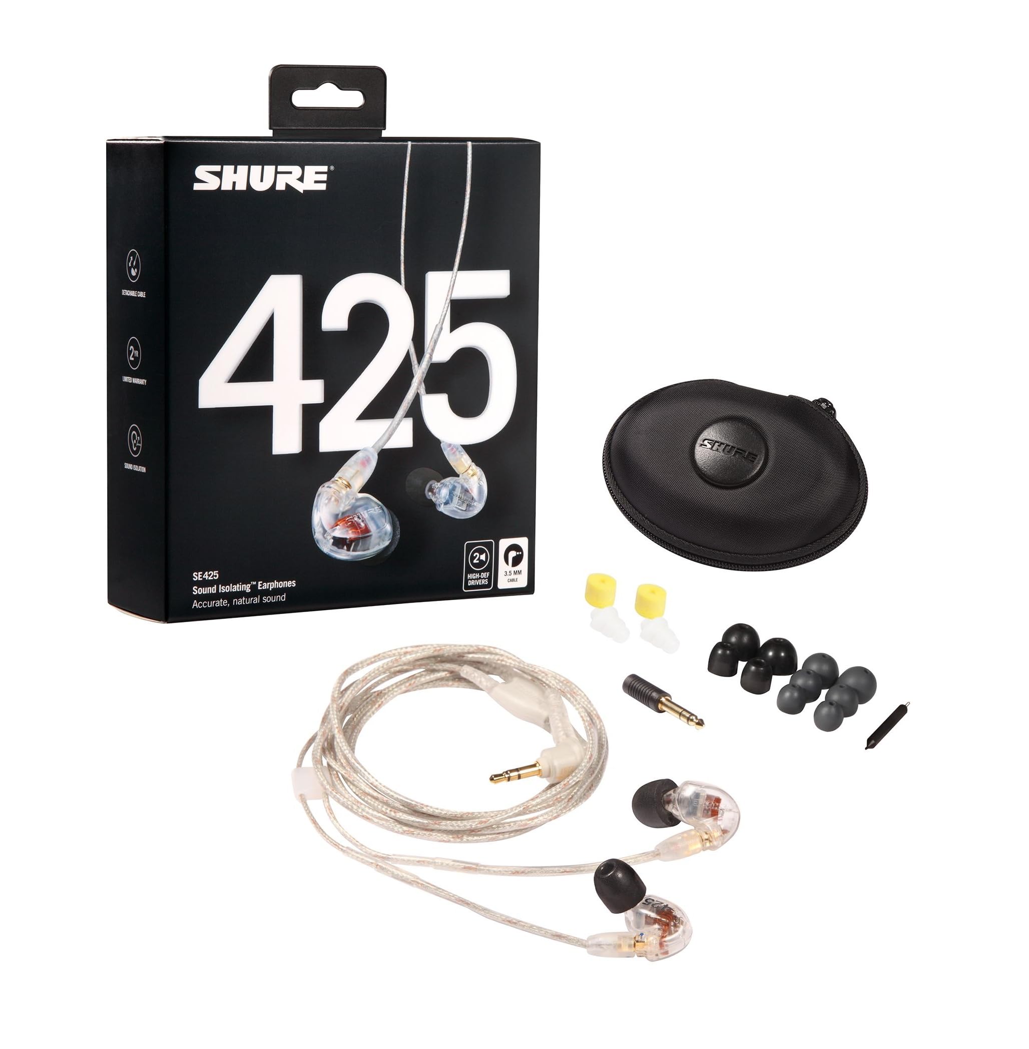 Shure SE425 PRO Wired Earbuds - Professional Sound Isolating Earphones with Detailed Sound, Dual-Driver Hybrid, Secure in-Ear Fit, Detachable Cable, Durable Quality - Clear (SE425-CL)