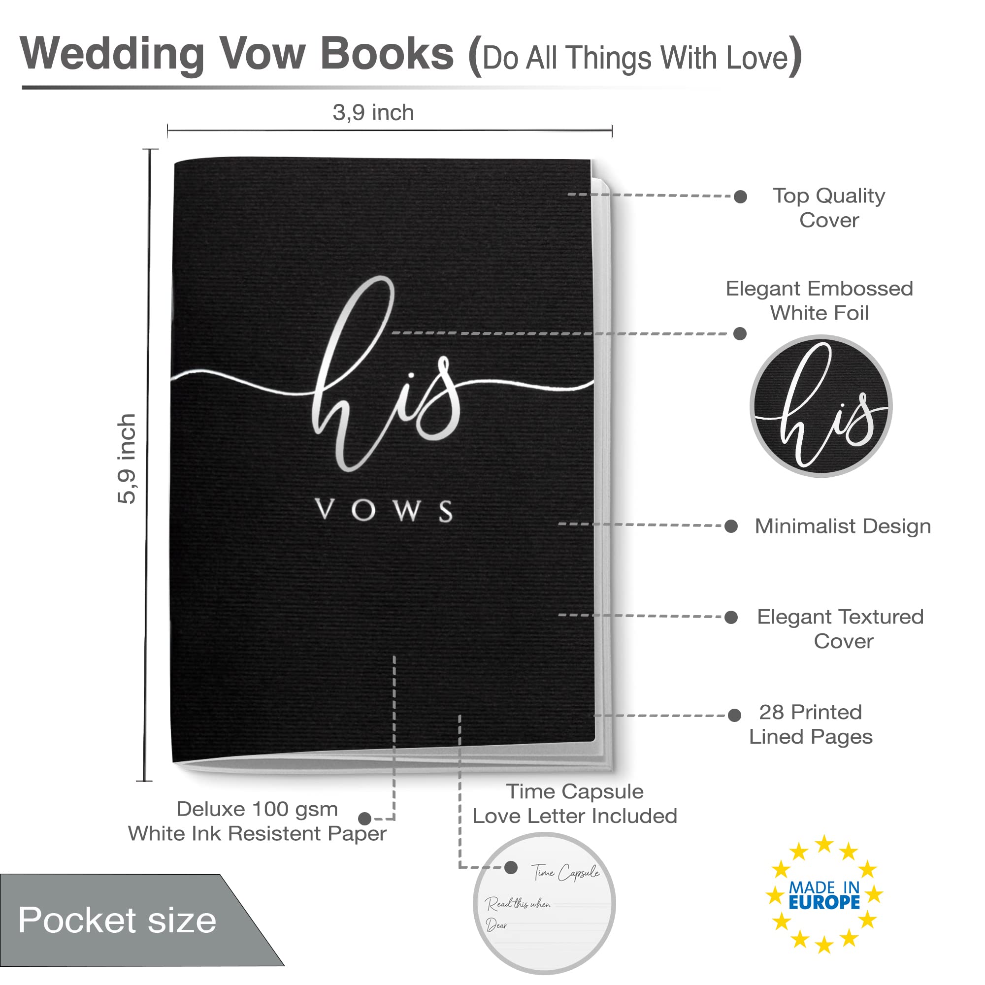 UNITED ESELL Wedding Vow Books His and Hers – Black and White Foil Bride and Wedding Notebook with 28 Pages - 5,9" x 3.9" – Vow Renewal - Bridal Shower Gifts - Time Capsule Letter