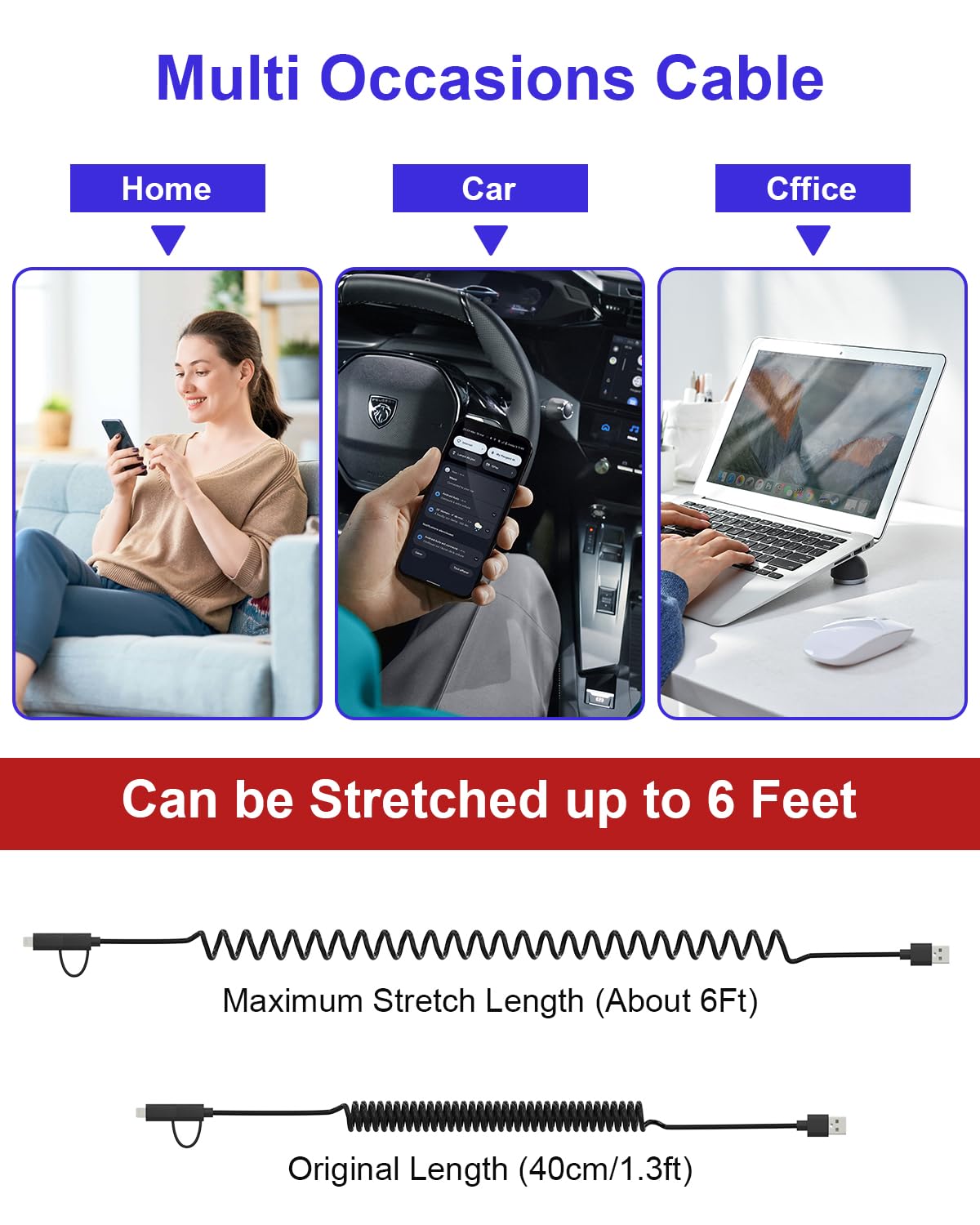 USB to USB C and Lightning Cable - Support Apple Carplay & Android Auto Cable [MFi Certified] 3A Fast Charge & Data Sync Coiled Dual Lightning and USB C Cable 2 in 1 for iPhone 16/15/14/13/12/Android