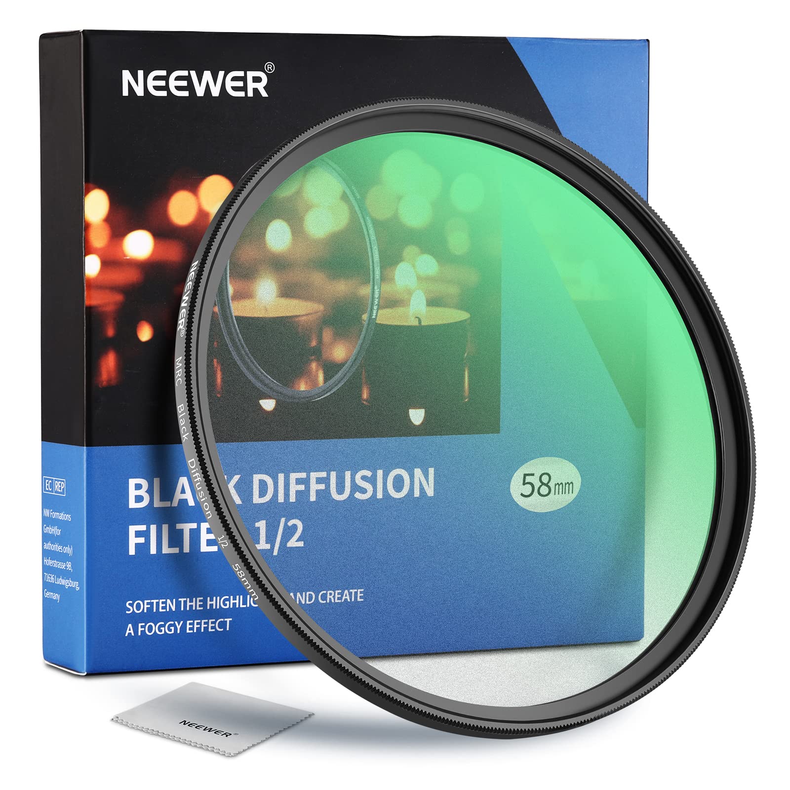 NEEWER 58mm Black Diffusion 1/2 Filter Mist Dreamy Cinematic Effect Filter Ultra Slim Water Repellent Scratch Resistant HD Optical Glass, 30 Layers Nano Coatings for Video/Vlog/Portrait Photography