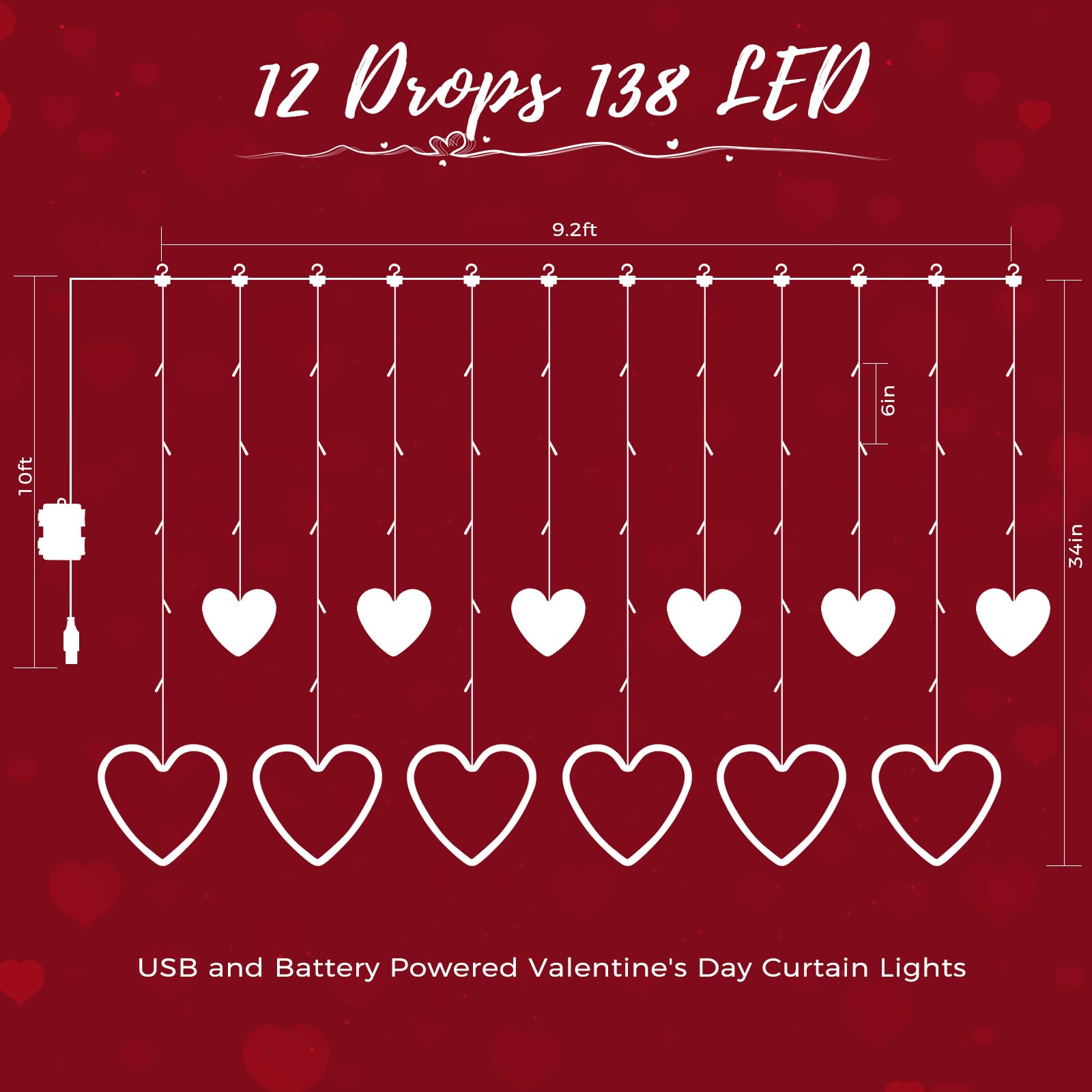 Valentines Day Decor, 138LED 12 Hearts Curtain Lights for Bedroom, Window Lights with Remote 8 Modes, USB and Battery Powered Valentines Lights for Wedding Birthday Anniversaries Party Decor (Red)