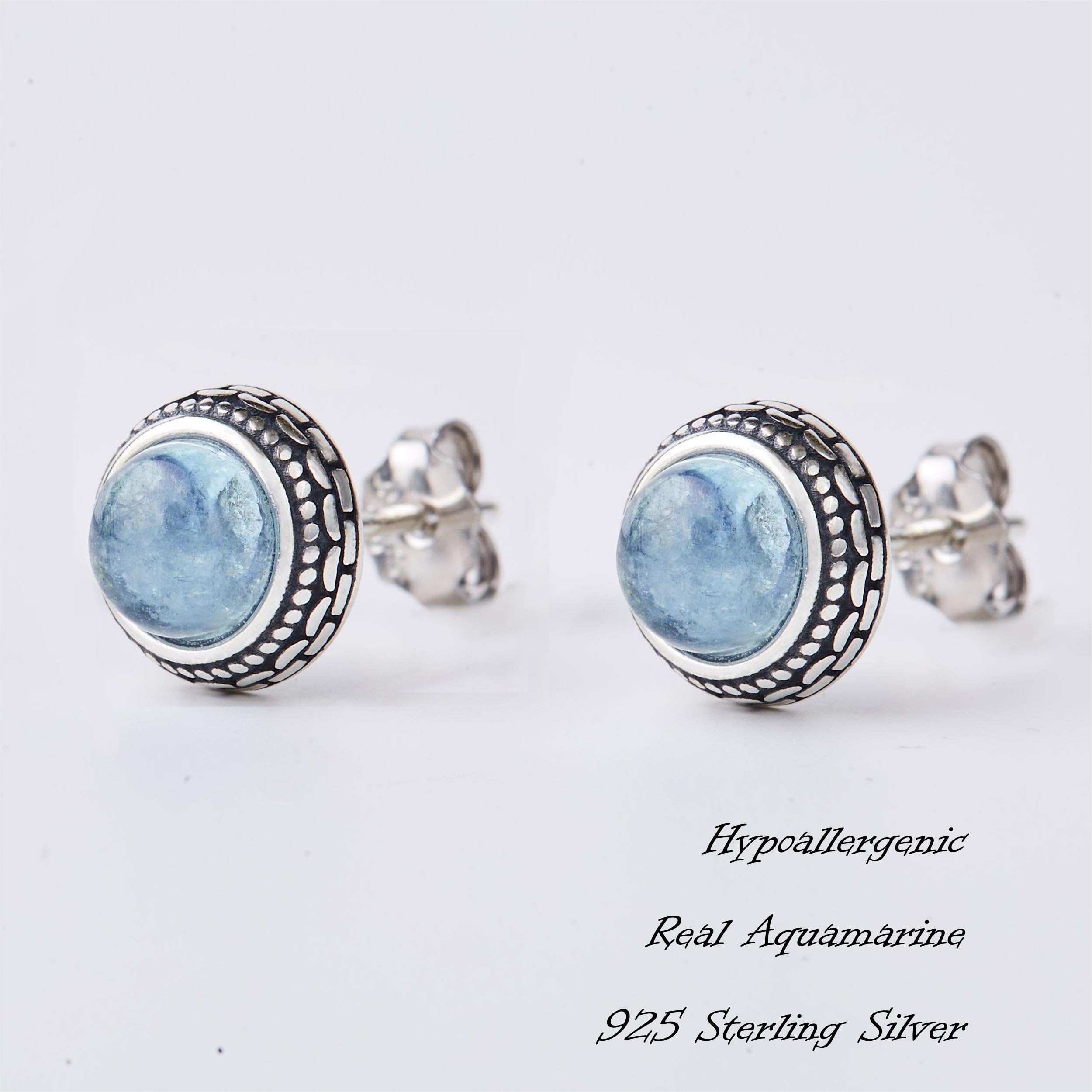 Small Genuine Blue Aquamarine 925 Sterling Silver Hypoallergenic Studs Earrings Jewelry for Women Dainty Trendy Antiqued Silver March Birthstone Earrings Jewelry Gifts for Women Young Lady