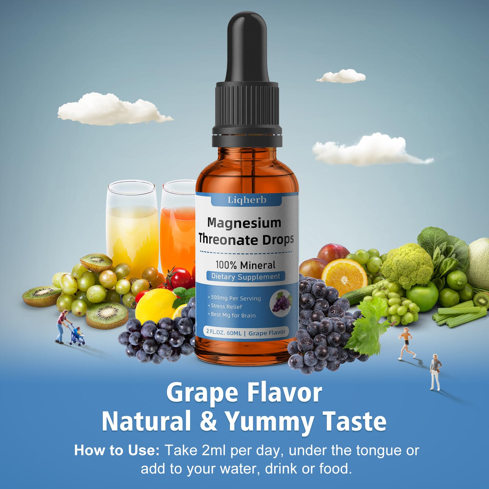 Magnesium Threonate Liquid 500mg, for Adults &Kids, Vegetable Glycerin Base with Better Dissolve, Best Mg for Brain Health, Stress & Muscle Relief, Nerve Health, Non-GMO, Gluten-Free, Vegan, 2 FL.OZ.