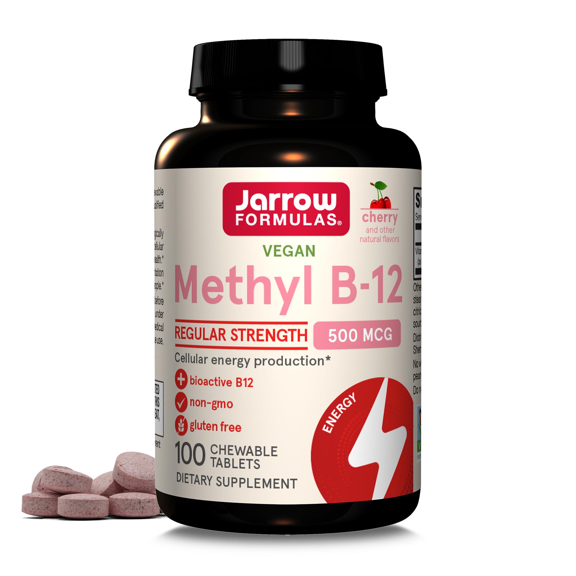 Jarrow Formulas Methyl B-12 Tablets, 500 mg, Dietary Supplement For Cellular Energy Production and Brain Health Support, 100 Cherry Flavor Chewable Tablets, 100 Day Supply