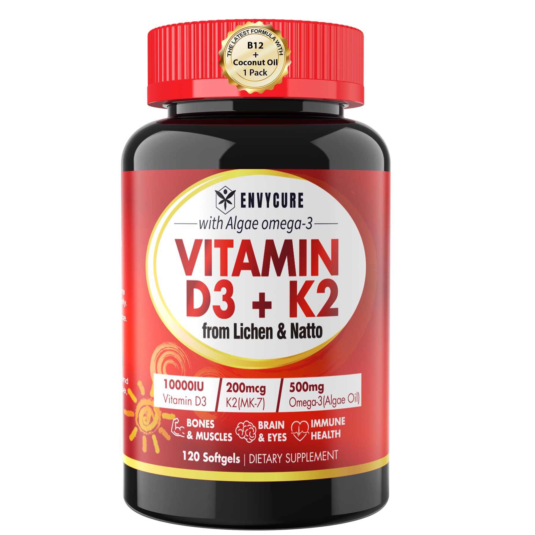 Plant-Based Vitamin D3 K2 Supplement Softgel - Vit D3 10000 Iu + Vitamin K2 Mk7 200 Mcg, Algae Omega-3, Magnesium, Vitamin B12 For Bone & Muscle, Immune Support, Max Absorption, Easy To Swallow 1pack