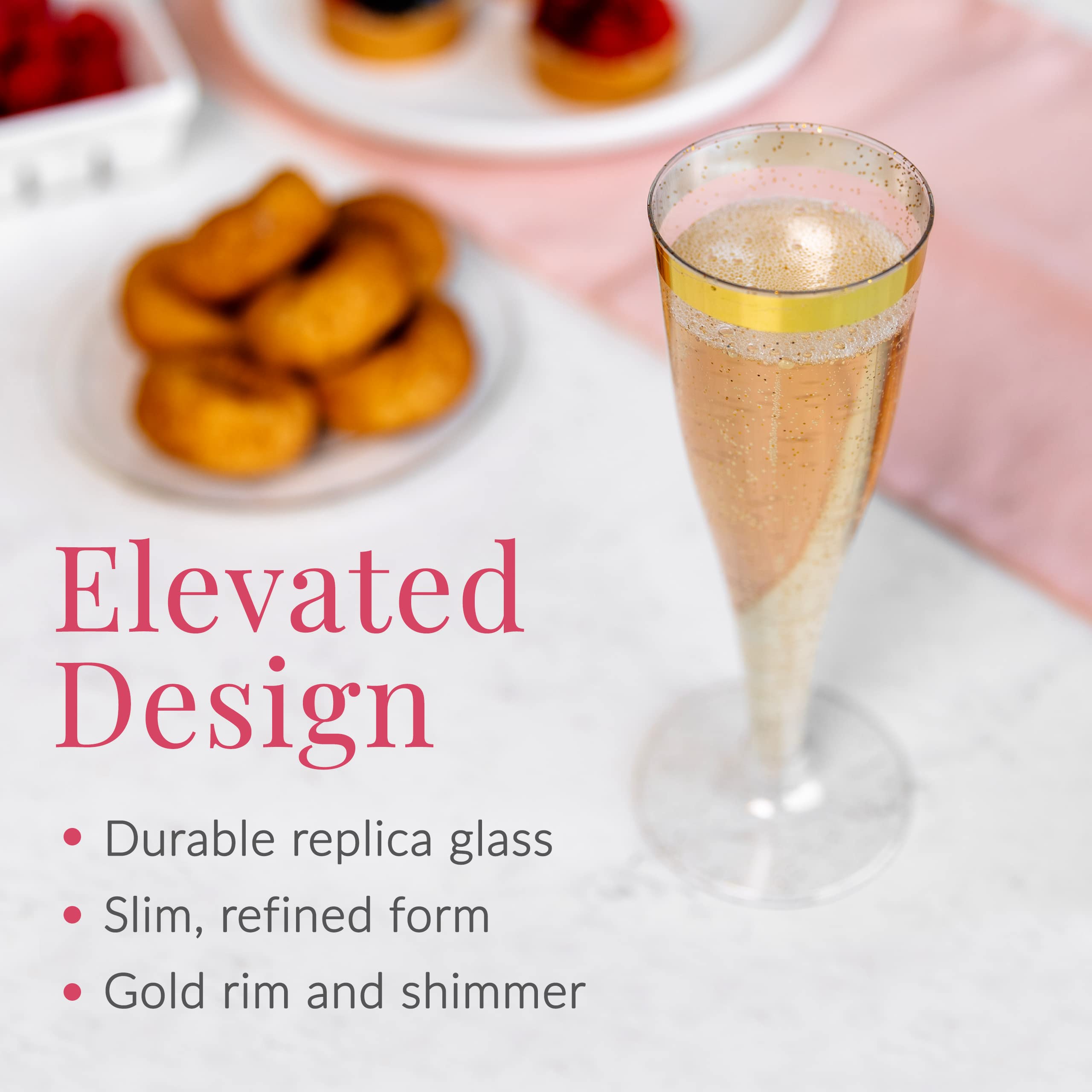 Prestee 24 Champagne Flutes Disposable - Gold Rim Glitter Plastic Cups for Parties - Toasting Glasses - 4.5 oz - Mimosa Bar Supplies - Engagement Party Decorations, New Year's Eve Celebrations