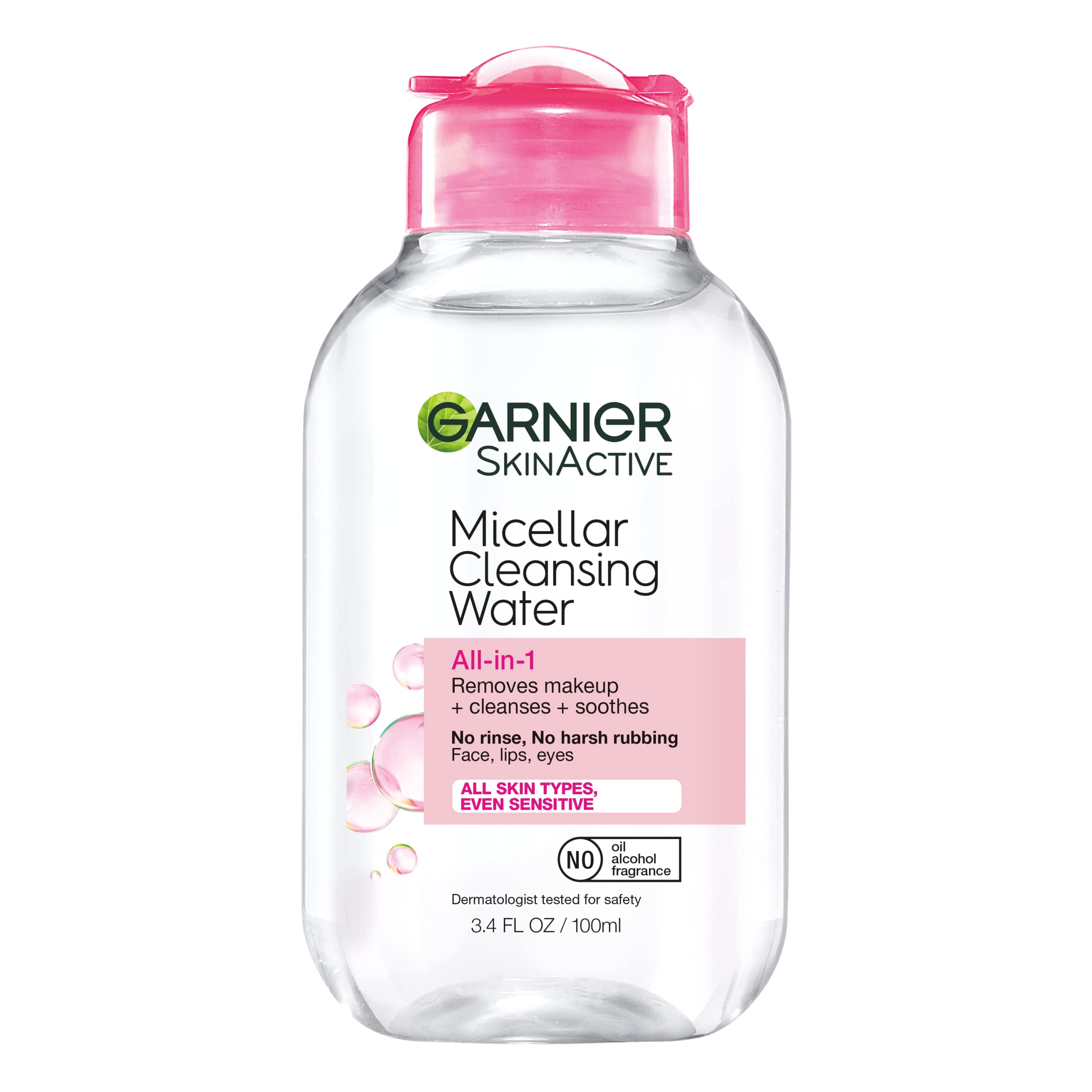 Garnier Micellar Cleansing Water, All-in-1 Makeup Remover and Facial Cleanser, For All Skin Types, 3.4 Fl Oz (100mL), 1 Count (Packaging May Vary)