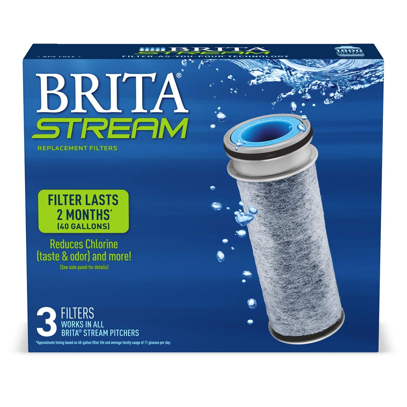 Brita Stream Pitcher Water Filter for Pitchers and Dispensers, BPA-Free, Replaces 1,800 Plastic Water Bottles a Year, Lasts Two Months or 40 Gallons, Includes 3 Filters