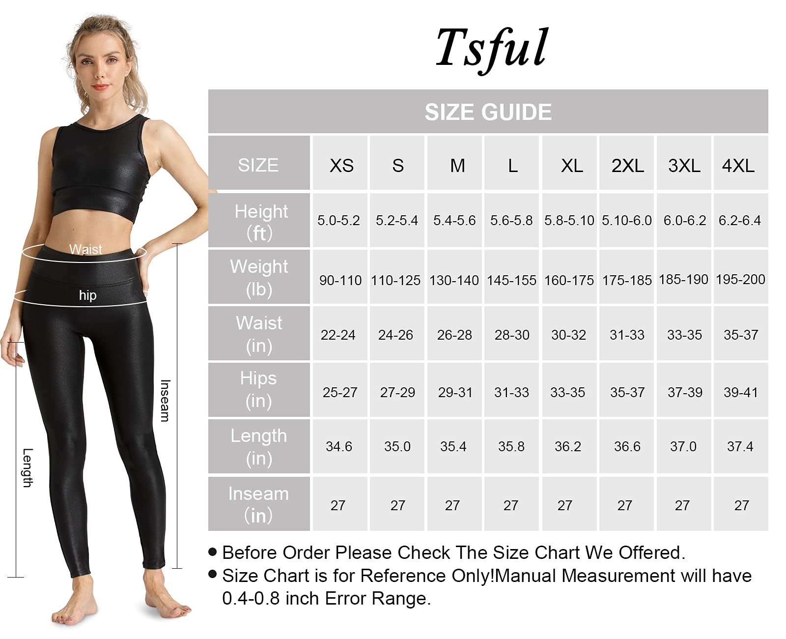 Tsful Faux Leather Leggings for Women Tummy Control High Waist Dressy Seamless Stretch Pleather Yoga Pants Black