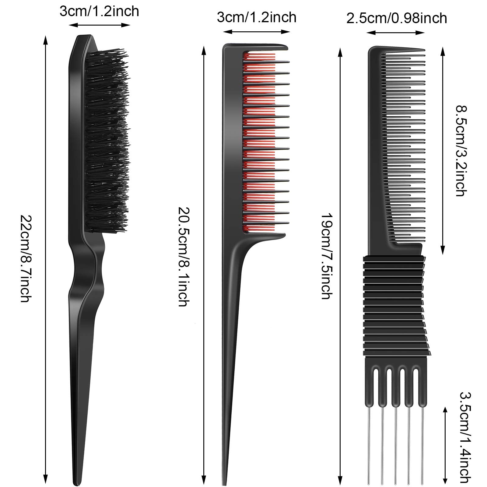 3 Pieces Pick Teasing Combs Hair Brush Set Includes Black Carbon Lift Teasing Combs with Metal Prong, Triple Pin Rat Tail Comb, Nylon Bristle Hair Comb Brush for Women (Black and Red)