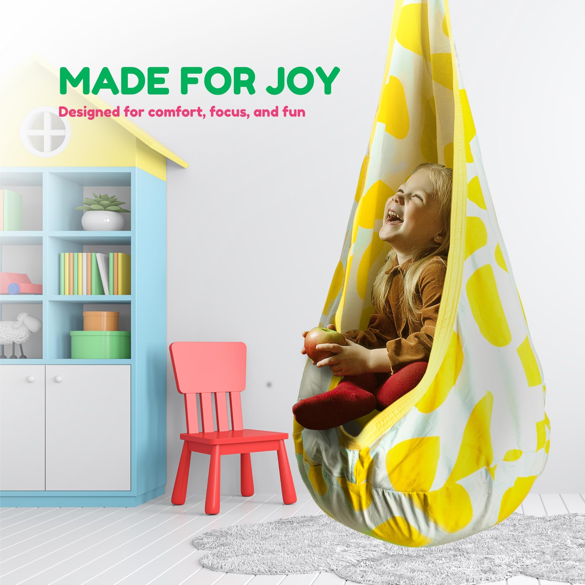 ARO GOM Calming Sensory Swing — Indoor Sensory Hammock for Kids & Adults, Supports up to 170 lb (77 kg), Double-Layer Canvas Fabric, Hanging Hardware Included, White-Yellow