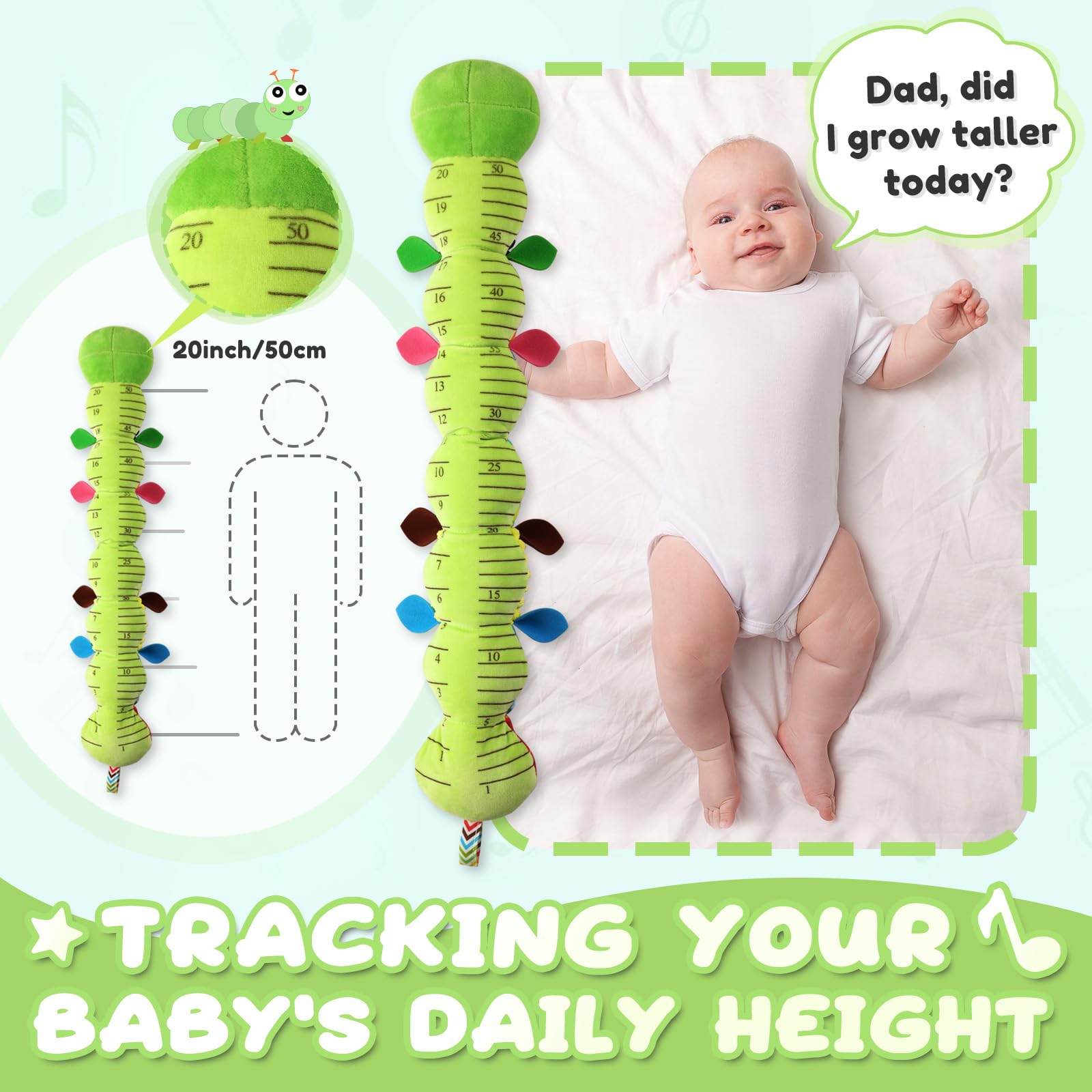 Awotoy Baby Toys 0 to 12 Months, Musical Stuffed Animal Activity Soft Toys with Multi-Sensory Crinkle, Rattle and Textures, Infant Tummy Time Toys for Newborn Boys Girls, Caterpillar, Green