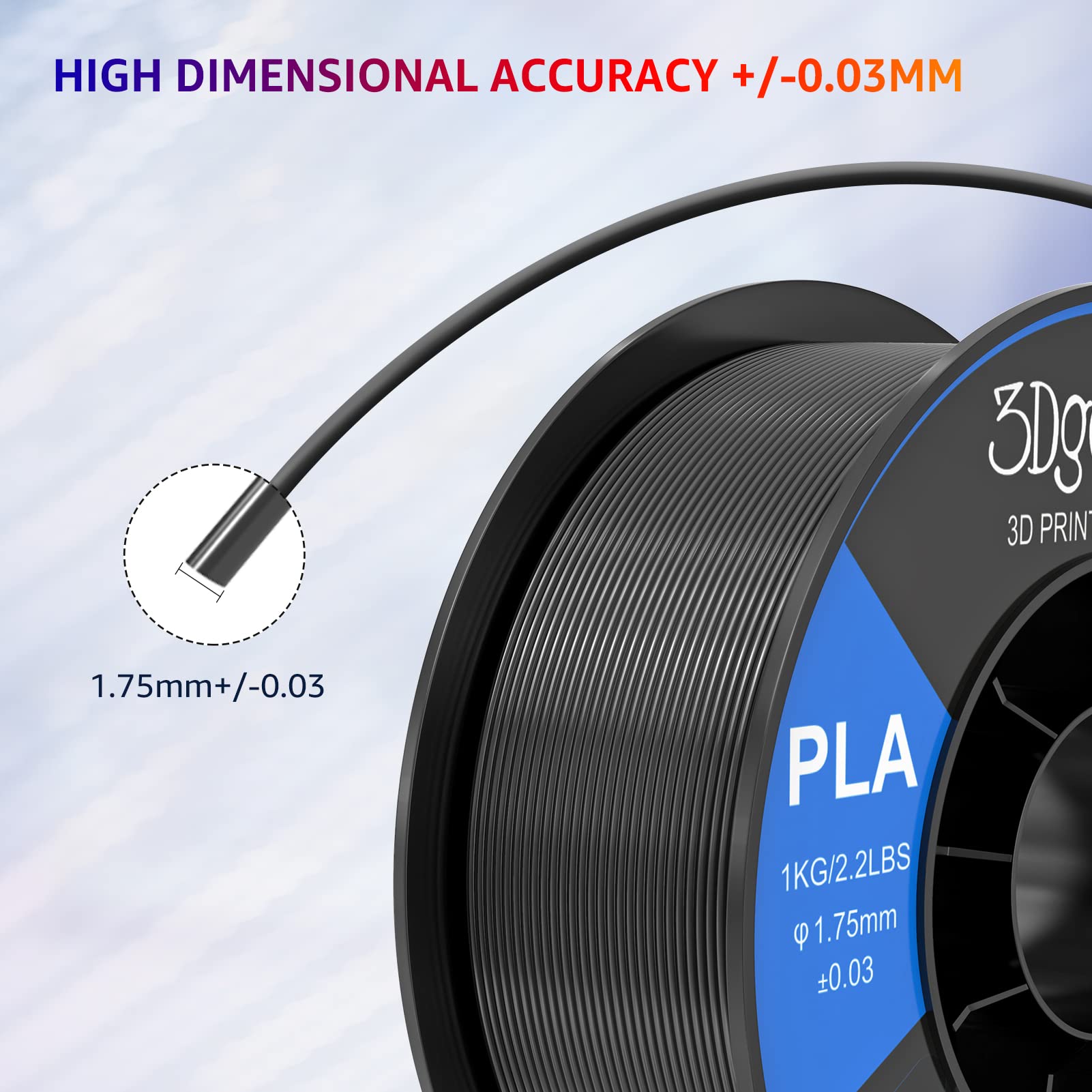 3Dgenius 1.75mm PLA Filament - 1kg/2.2lbs Spool, Black, +/- 0.03mm Accuracy, Fits Most FDM Printers