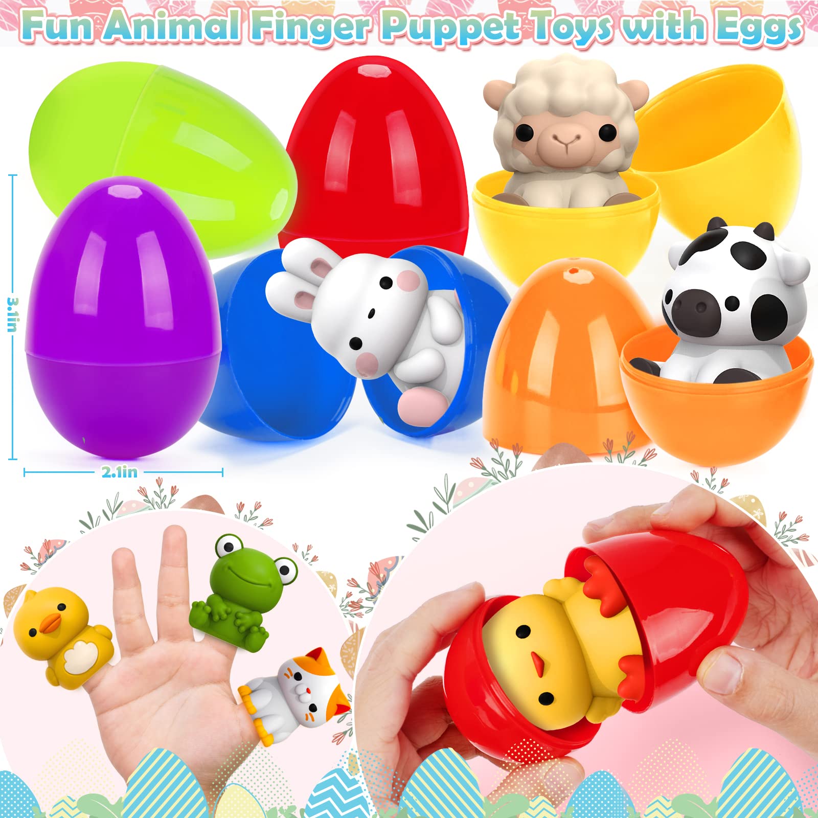 KMUYSL Prefilled Easter Eggs with Toys for Easter Eggs Hunt, Plastic Eggs with Finger Puppets, Surprise Egg, Easter Theme Party Favor, Basket Stuffers Filler, Classroom Prize Supplies