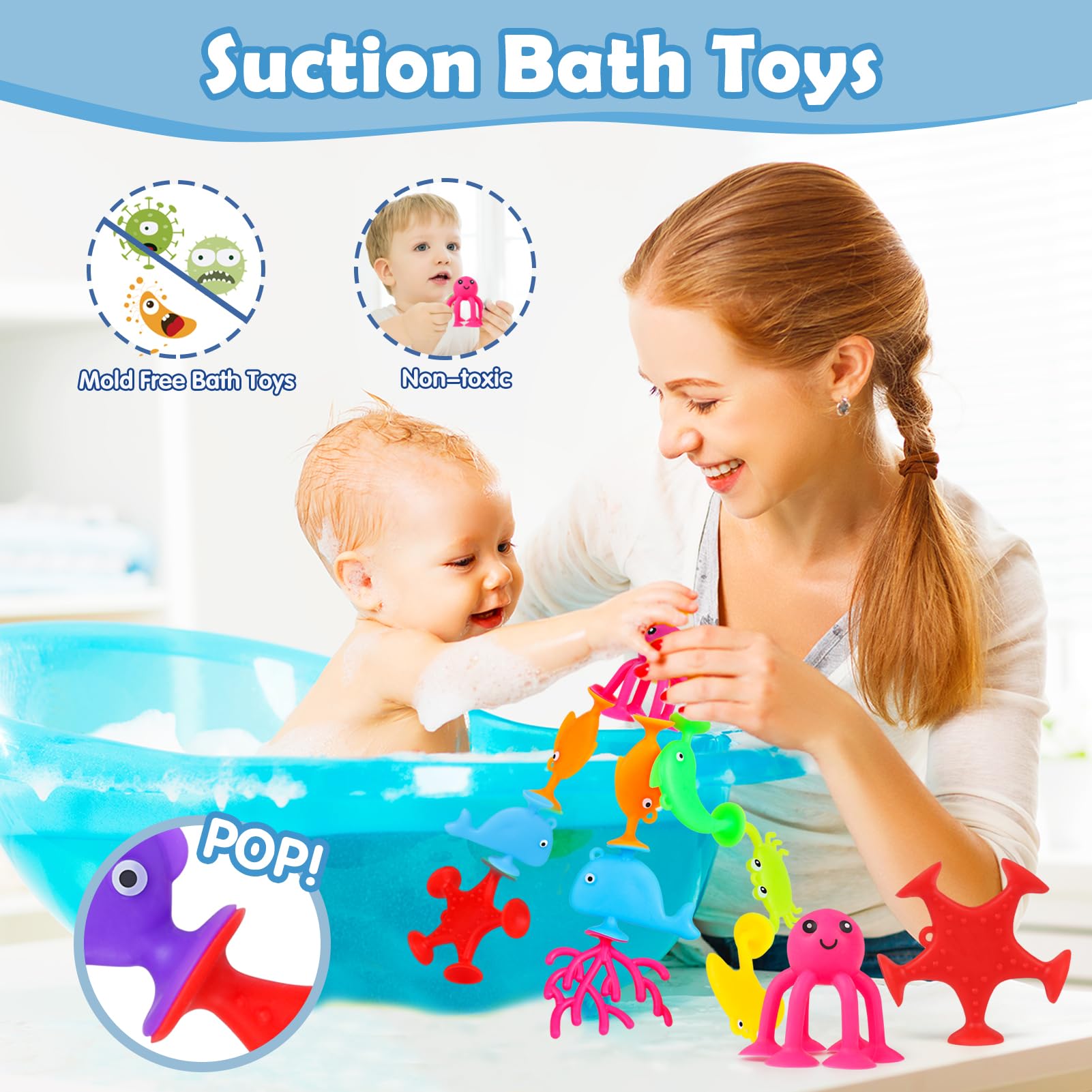 Baby Suction Cup Toys, 18 PCS Silicone Ocean Animals Suckers, Bath Toys for Kids Ages 4-8, Sensory Window Travel Easter Stuffers Toys for Toddlers Boys Girls 3 4 5 6 Year Old