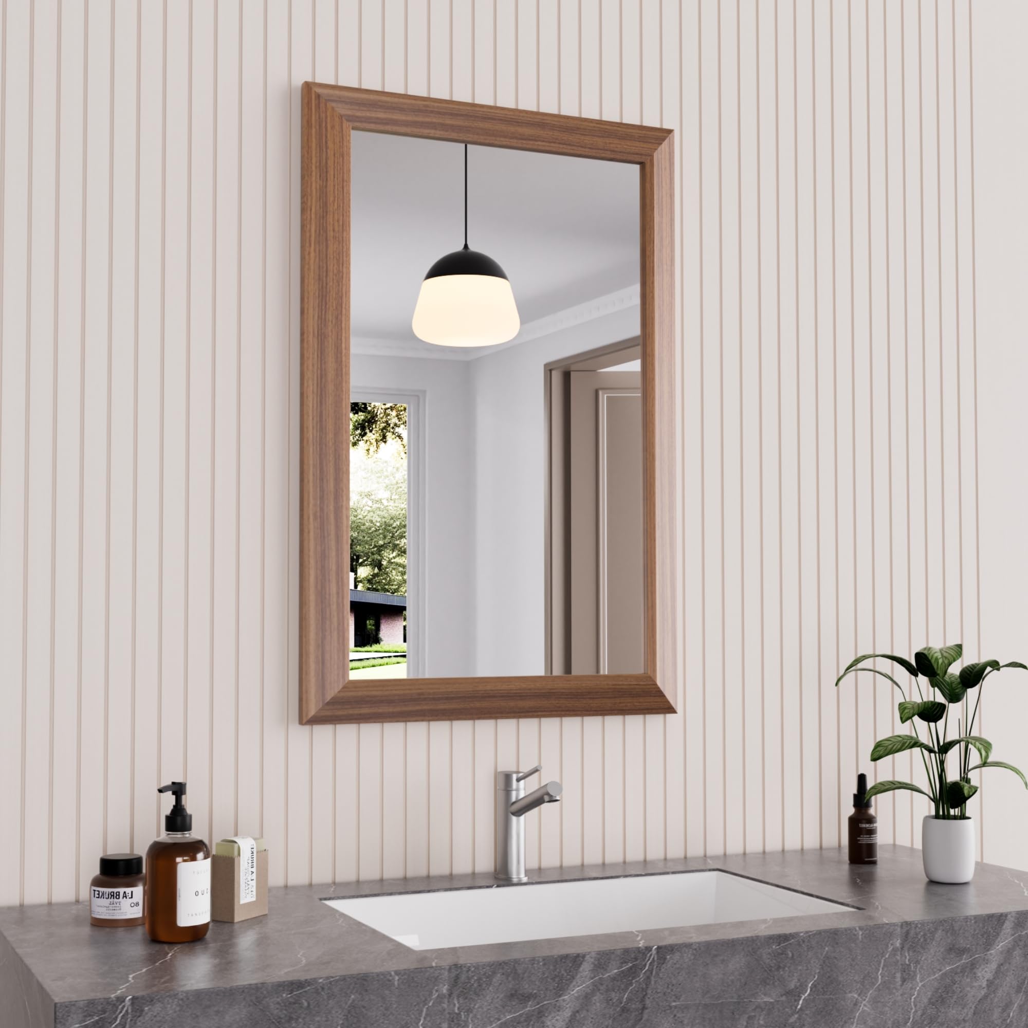 Amorho Bathroom Mirror, 20X30 Inch Wall Mirror, Walnut Wood Grain Metal Framed, Anti-Rust, Hang Horizontally/Vertically, Suitable for Bedroom, Farmhouse, Bathroom, Decorative