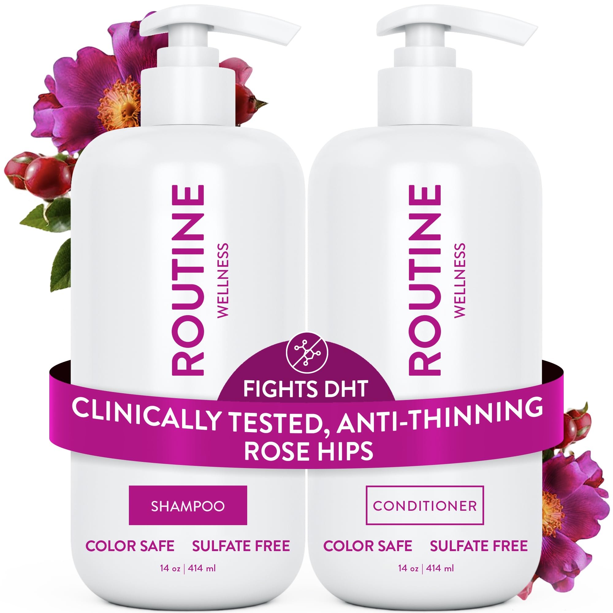 Routine Wellness Anti-Thinning Shampoo and Conditioner Set for Thinning Hair - Biotin DHT Blocker Women & Men - Color Safe Shampoo for Hair Loss & Healthier Hair - Rose Hips Set